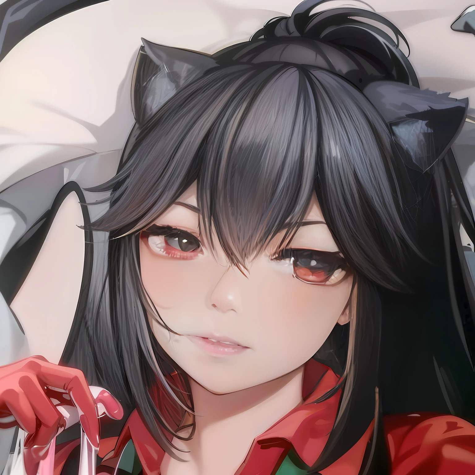 Anime girl with black hair and cat ears holding a red object, tohsaka-rin, beautiful anime catgirl, From Arknights, anime moe art style, gapmoe yandere, Anime Paintings, drawn in anime painter studio, Ayaka Genshin impact, anime realism style, from girls frontline, author：Hosomura Kane, Realistic anime art style, portrait of ahri