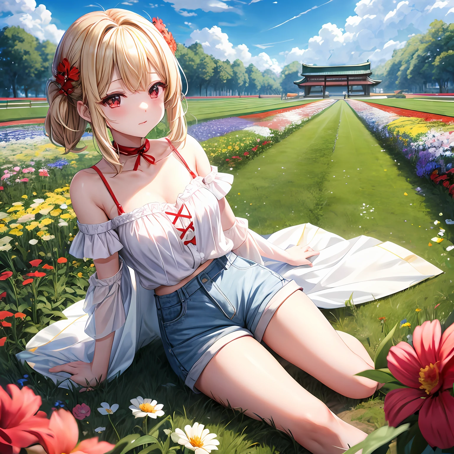 a blond、red eyes、One pretty girl、独奏、animesque、off shoulders、shortpants、flower field
