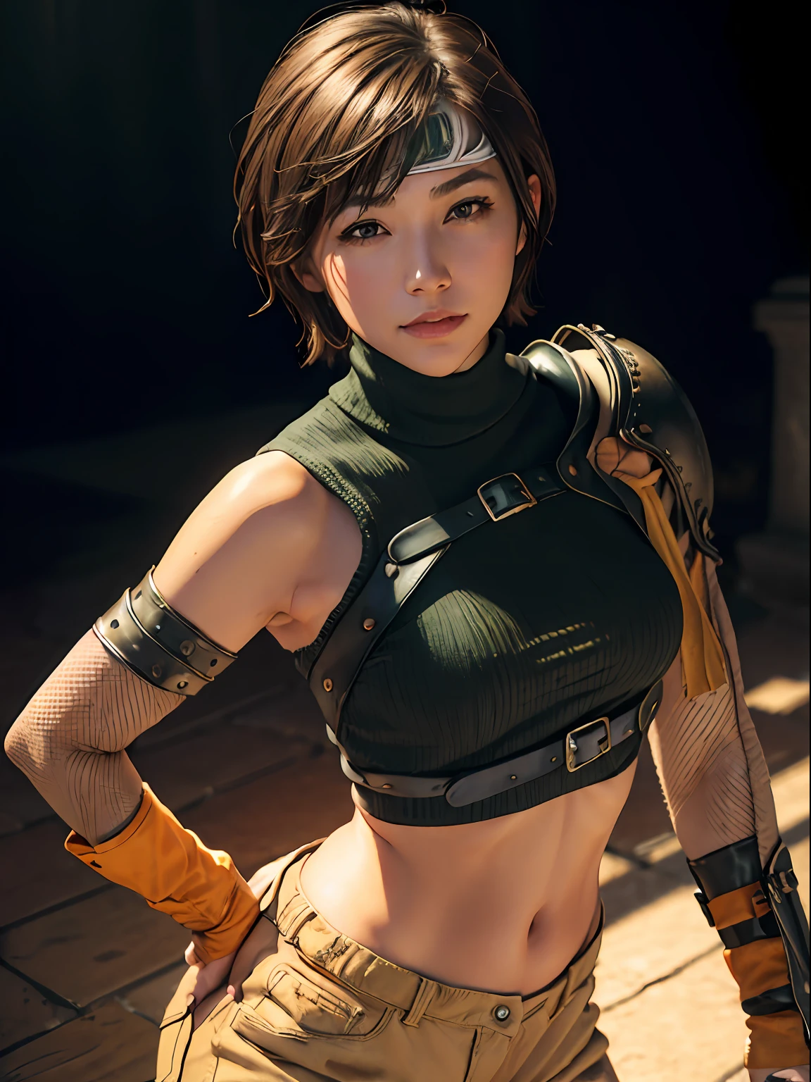 (masterpiece, best quality:1.4), (future days), (fighting:1.5), (full body), (from front), (1girl), solo, (european youth:1), 1girl, short hair, headband navel, sleeveless, turtleneck, brown eyes, sleeveless turtleneck, solo, breasts, looking at viewer, sexy smile, gloves, crop top, brown hair, shorts, midriff, armor, sweater, open fly, fingerless gloves, ribbed sweater, medium breasts, yufi_kisaragi_01, girlhyperrealistic, high detailed skin, dslr, soft lighting, high quality, highly detailed face, highly detailed skin, skin pores, subsurface scattering, realistic pupils, medium breast, full face blush, full lips, detailed background, depth of field, volumetric lighting, sharp focus, absurdres, realistic proportions, good anatomy, (realistic, hyperrealistic:1.4), 16k hdr,