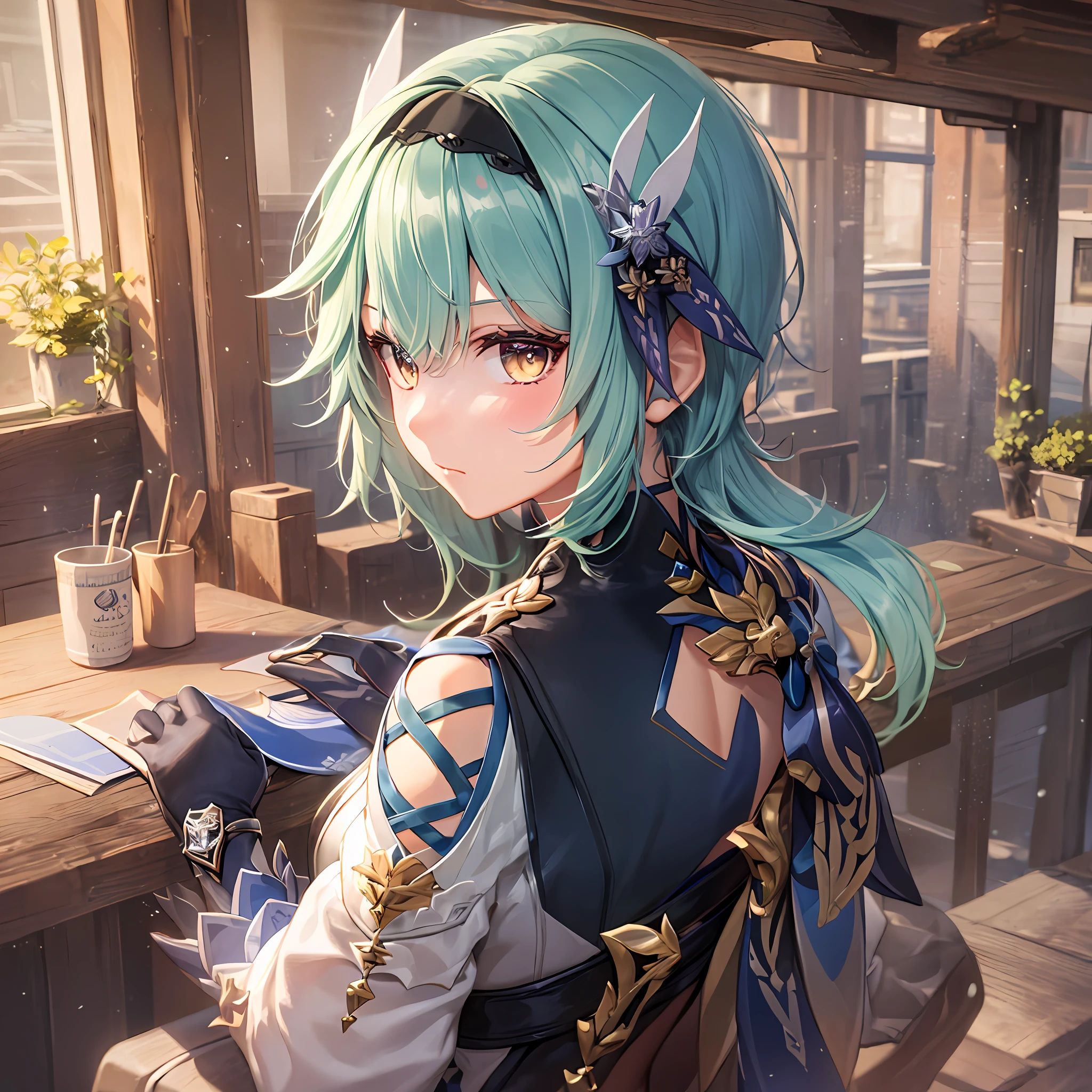 Mast, best quality, 1 girl, eula \ (Genshin Impact), twintail hair, yellow eyes, short hair, , hair accessories, looking at the audience, from the back