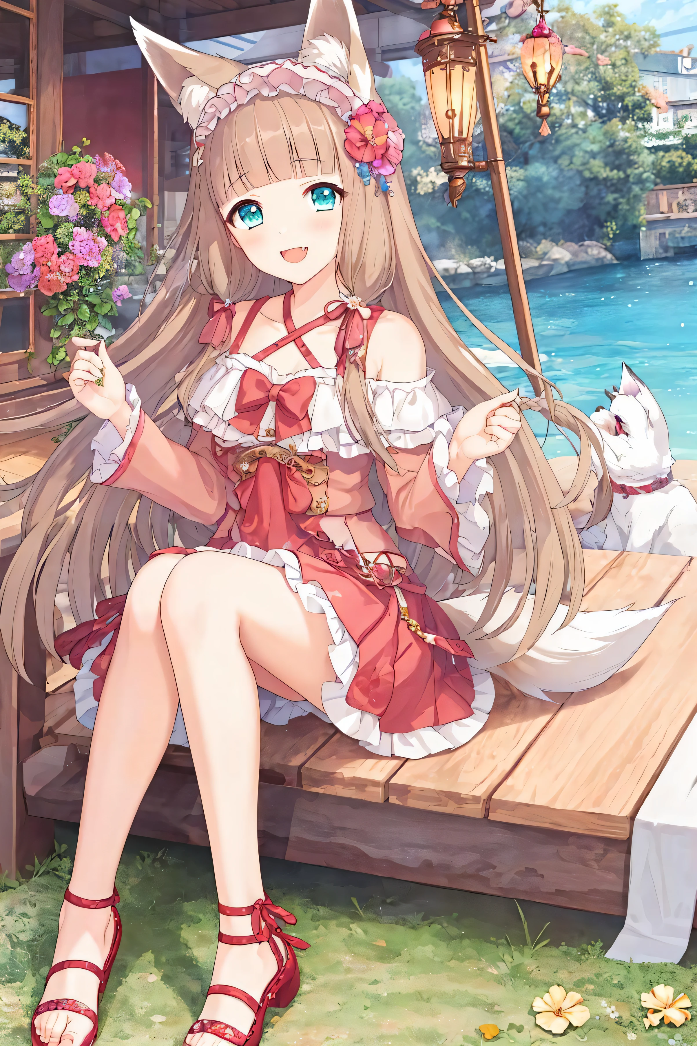 masterpiece,best quality,official art,extremely detailed CG unity 8k wallpaper,1girl,pupil,beautiful detailed eyes, tail,solo,long hair,fox ears,fox girl, hair ornament,floral print, hair flower, full body, braid, looking at viewer, smile, bangs, very long hair,dress, blunt bangs,fang, light brown hair, animal ear fluff,