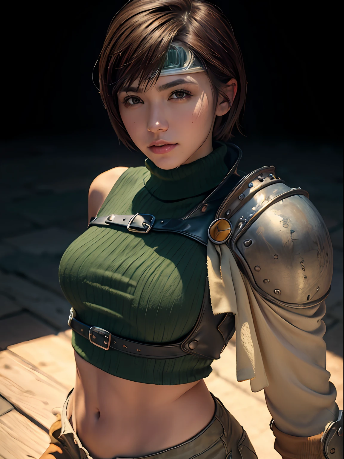 (masterpiece, best quality:1.4), (future days), (fighting:1.5), (full body), (from front), (1girl), solo, (european youth:1), 1girl, short hair, headband navel, sleeveless, turtleneck, brown eyes, sleeveless turtleneck, solo, breasts, looking at viewer, sexy smile, gloves, crop top, brown hair, shorts, midriff, armor, sweater, open fly, fingerless gloves, ribbed sweater, medium breasts, yufi_kisaragi_01, girlhyperrealistic, high detailed skin, dslr, soft lighting, high quality, highly detailed face, highly detailed skin, skin pores, subsurface scattering, realistic pupils, medium breast, full face blush, full lips, detailed background, depth of field, volumetric lighting, sharp focus, absurdres, realistic proportions, good anatomy, (realistic, hyperrealistic:1.4), 16k hdr,