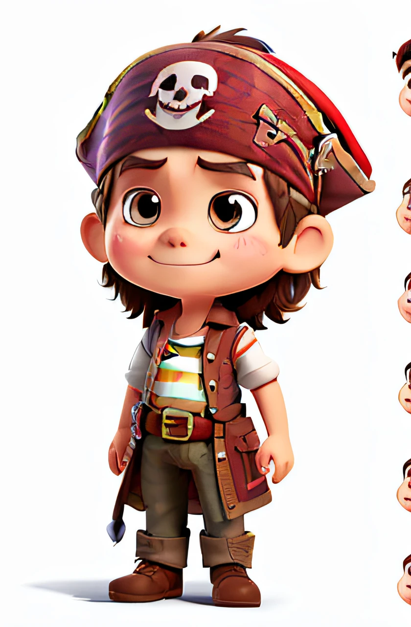 A pirate with various poses and expressions on white background with 6  plain color striped shirt style children's illustration for illustration. Create pose variations