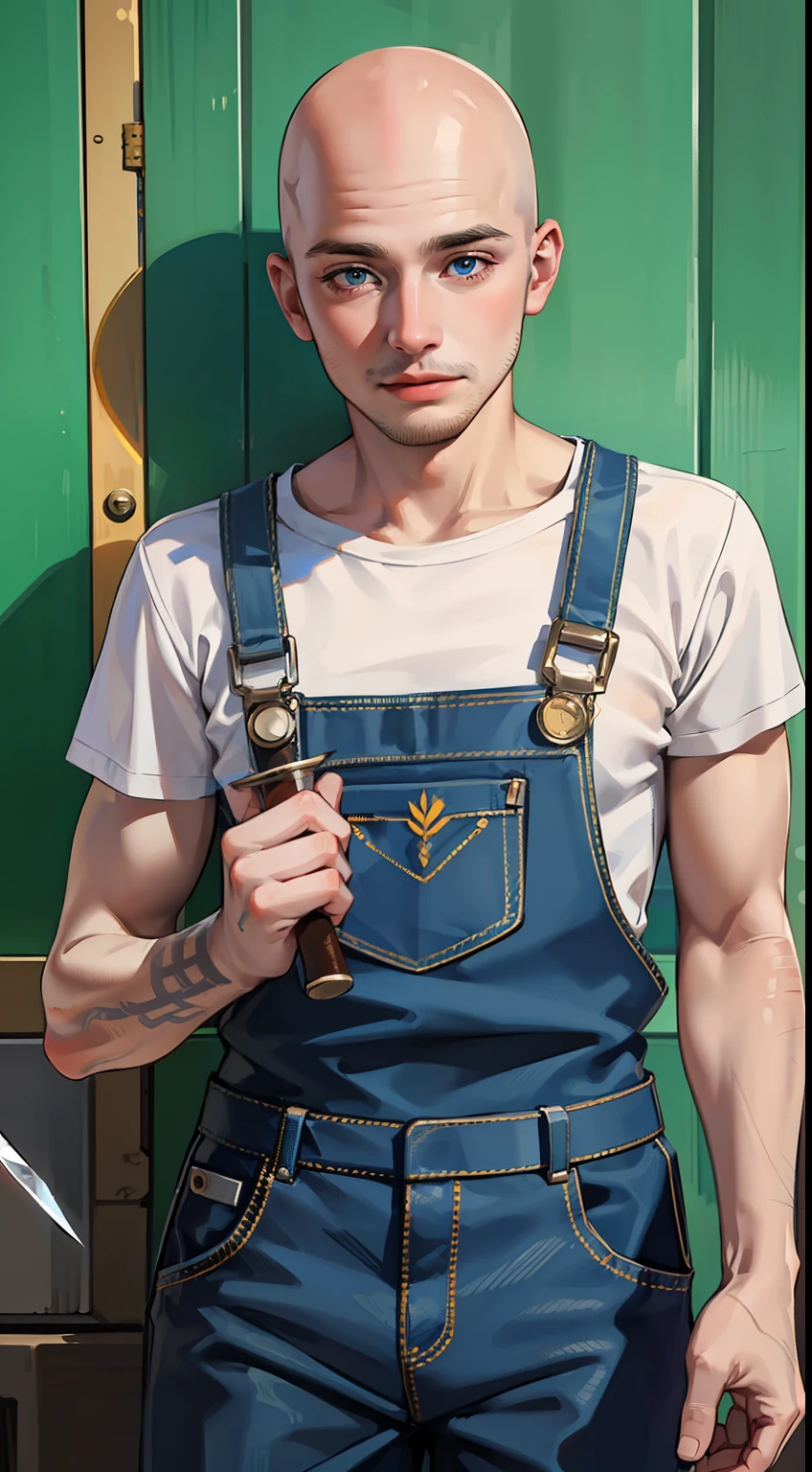 Young guy, bald, The eyes are blue, blue overalls, bloods, knife, smirk, Masterpiece, hiquality