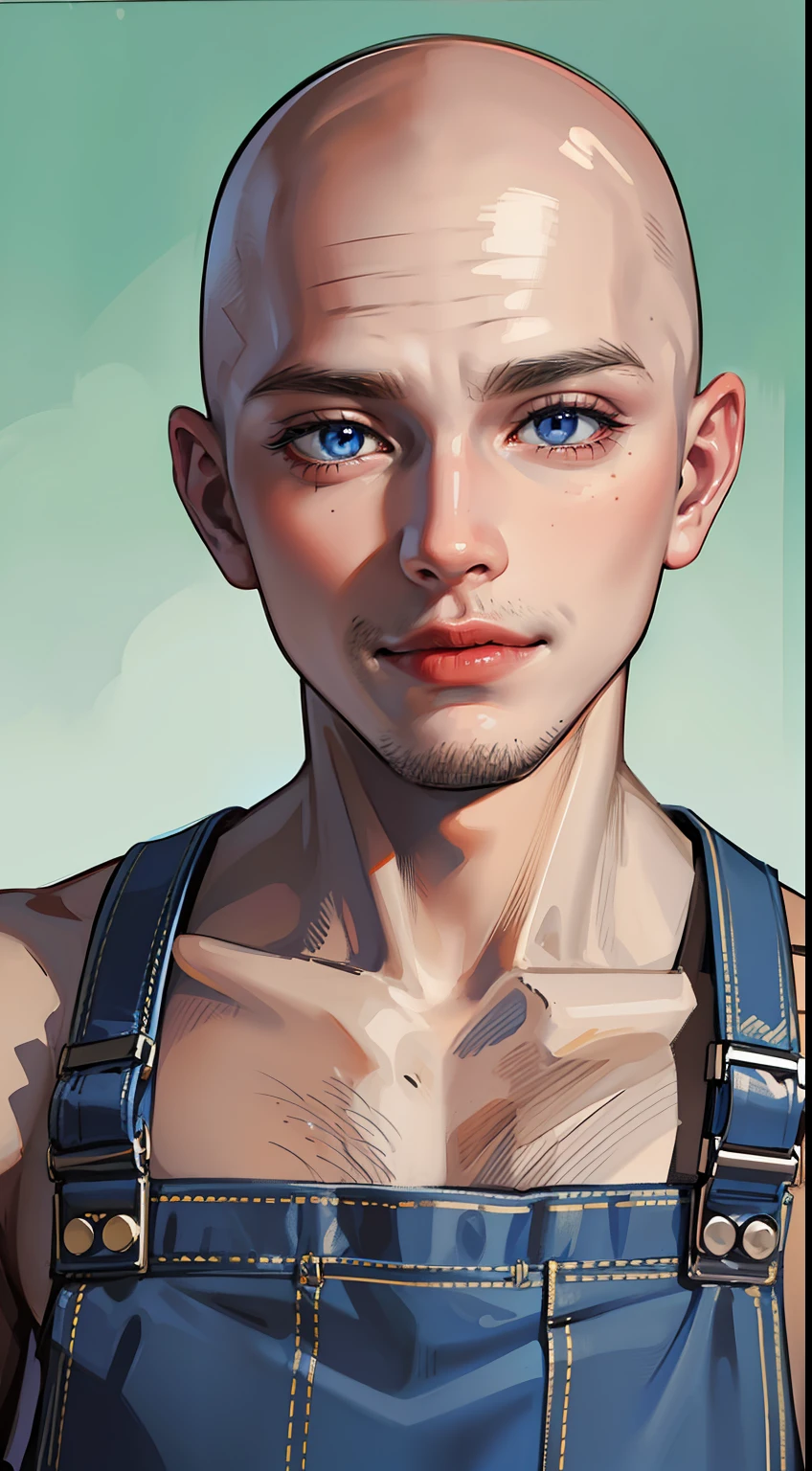 Young guy, bald, The eyes are blue, blue overalls, bloods, knife, smirk, Masterpiece, hiquality