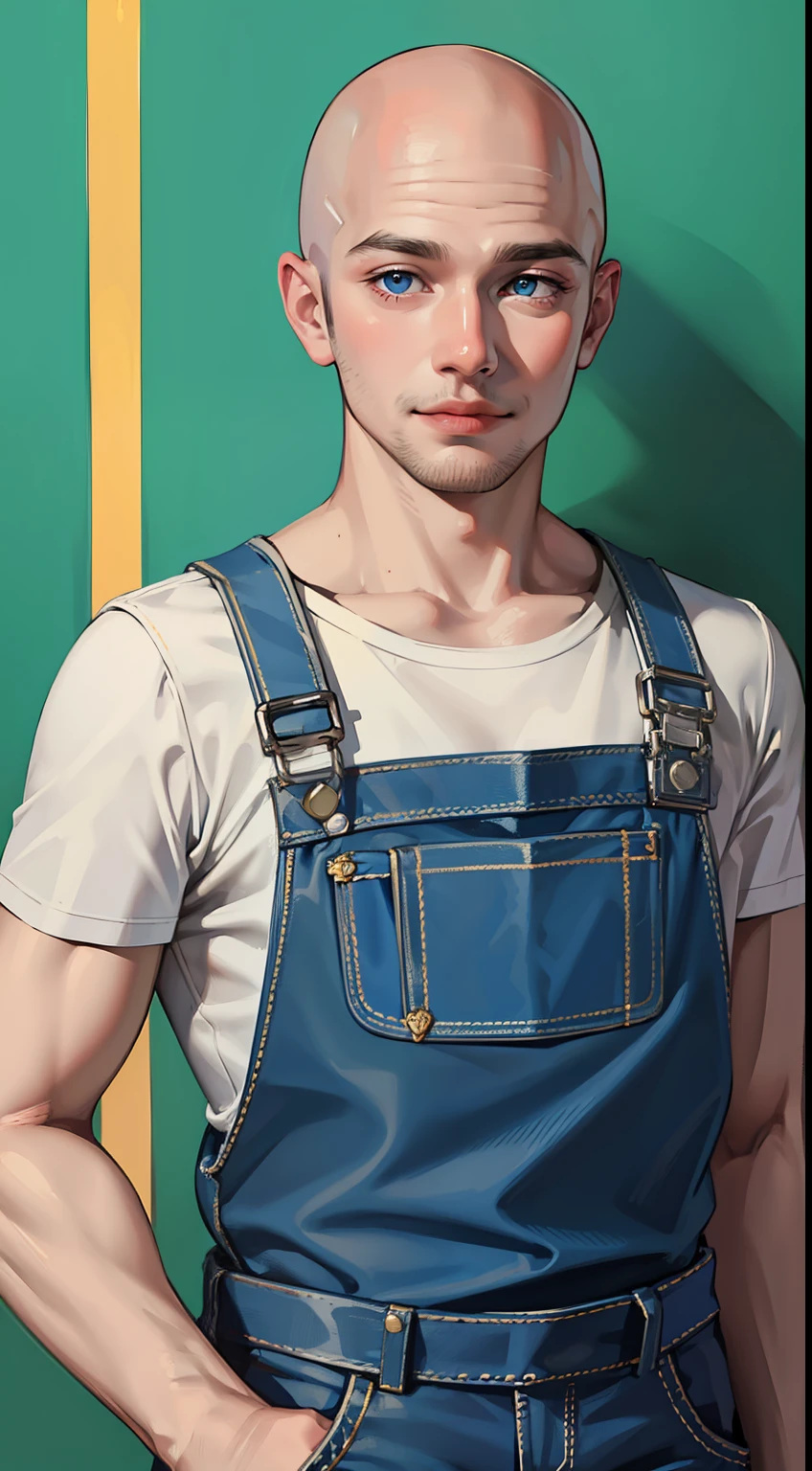 Young guy, bald, The eyes are blue, blue overalls, bloods, knife, smirk, Masterpiece, hiquality