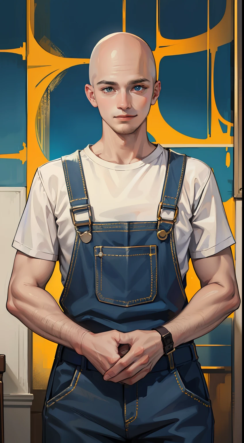 Young guy, bald, The eyes are blue, blue overalls, bloods, knife, smirk, Masterpiece, hiquality