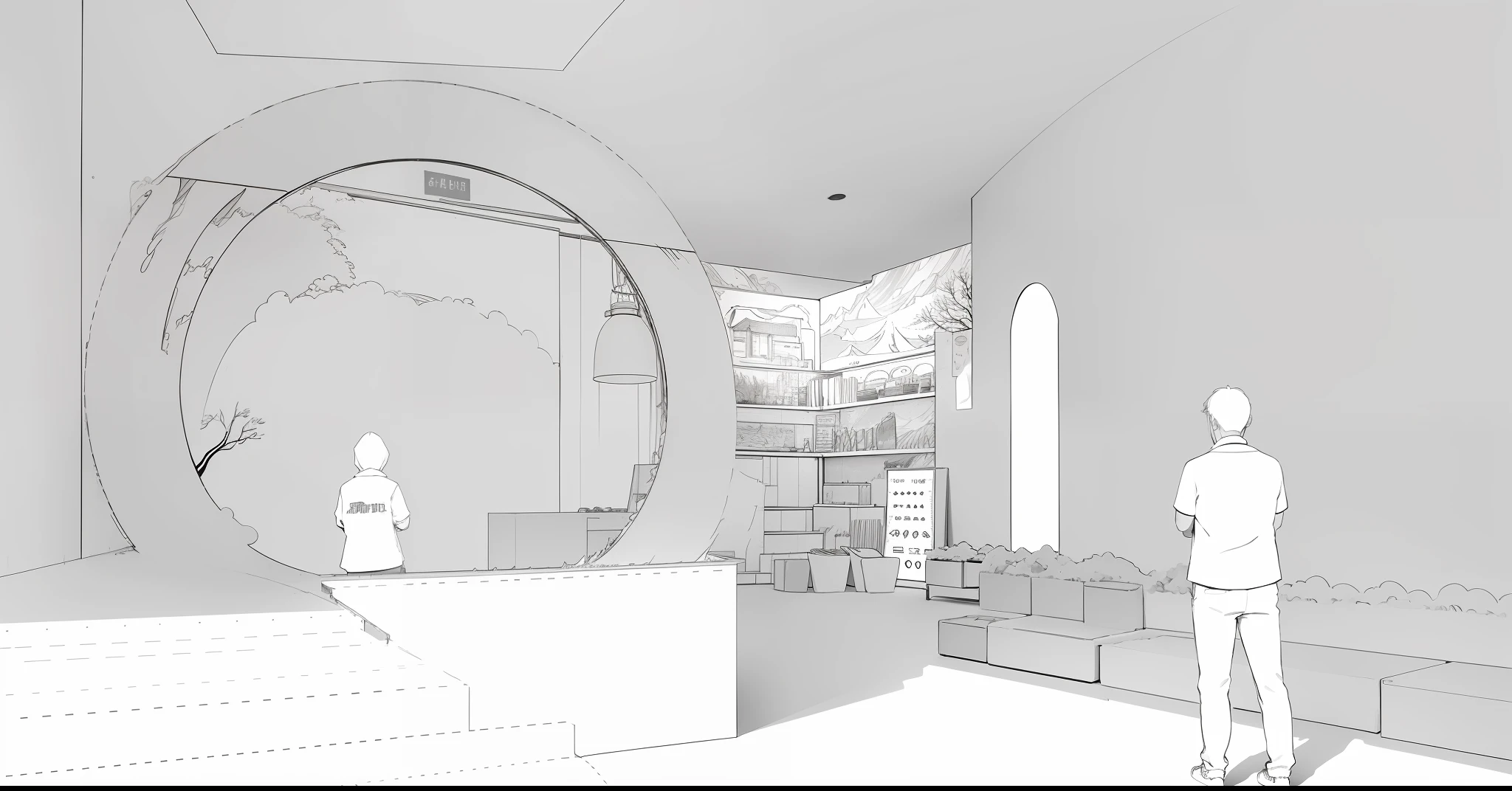 Export store scene design,Paint the line drawings of the picture and deepen it into an interior rendering,Wave elements、Forest elements,Great river elements,Starry sky elements