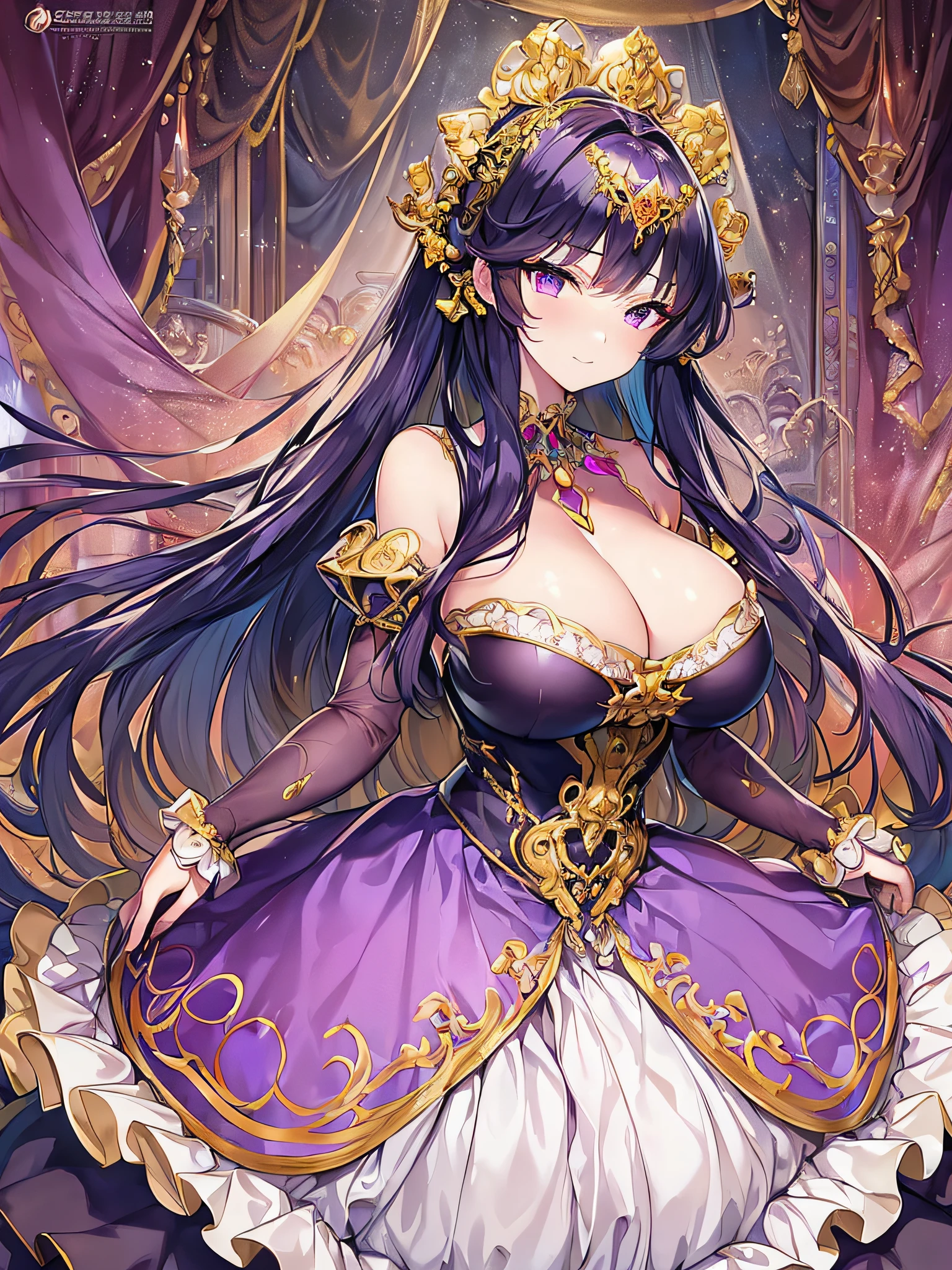 ((anime artstyle)),(Masterpiece),(Best Quality), (Super Detail),((Very Delicate and Beautiful)),((Solo)),((full body)),(((1 arrogant princess in gorgeous and brightly colored gorgeousfull rococo dress))),(Purple eyes),Sharp eyes,detailed face and eyes,jewel-like eyes,(arrogant),((smirk)),((voluminous Very Long Hair,Straight Hair)),black hair,((Bangs between eyes)),((gigantic tits,Long tits)),curvy,skindentation,(gorgeousfull embroidery and lace),gorgeous corsage,See-through,gorgeousfull hair ornament,gorgeousfull glitter jeweled tiara,ornate ruffles,((full body)),((hoop skirt,crinoline)),Dynamic Angle,Looking at viewer,(((gorgeous and brightly colored gorgeousfull rococo dress)),full body