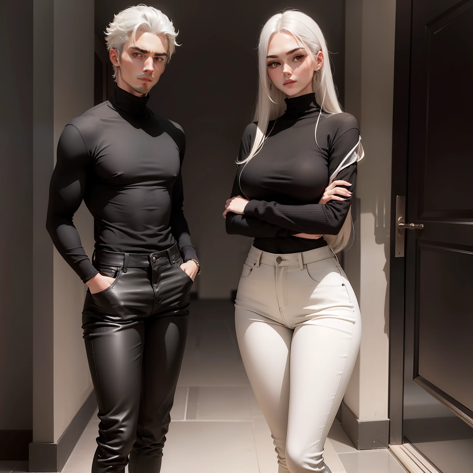 ah high, Guy with dark hair, He is dressed in a black turtleneck and light-colored jeans, Standing next to the tall, Serious, white-haired girl, Dressed in a black top, dark gray jeans and black high boots, Beautiful couple