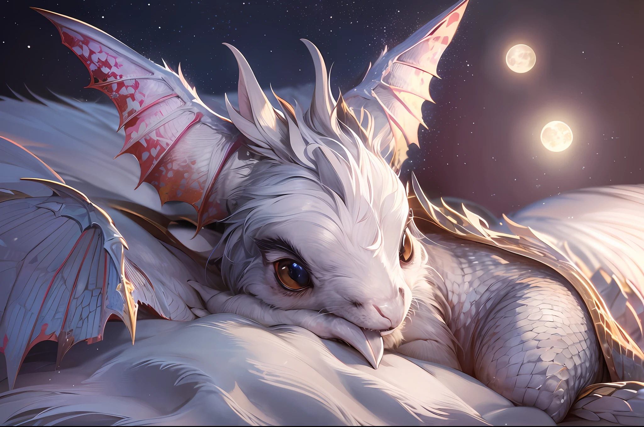 cute, Q type, a lovely pet dragon, sleep beside the pillow on the bed, closed ist eyes, with sliver scales, with two small wings, moon light is stright on its scales, wide shot, blurry, god rays, ray tracing, reflection light, masterpiece, high quality, high details, best quality, ccurate, anatomically correct, textured skin, UHD, 1080P