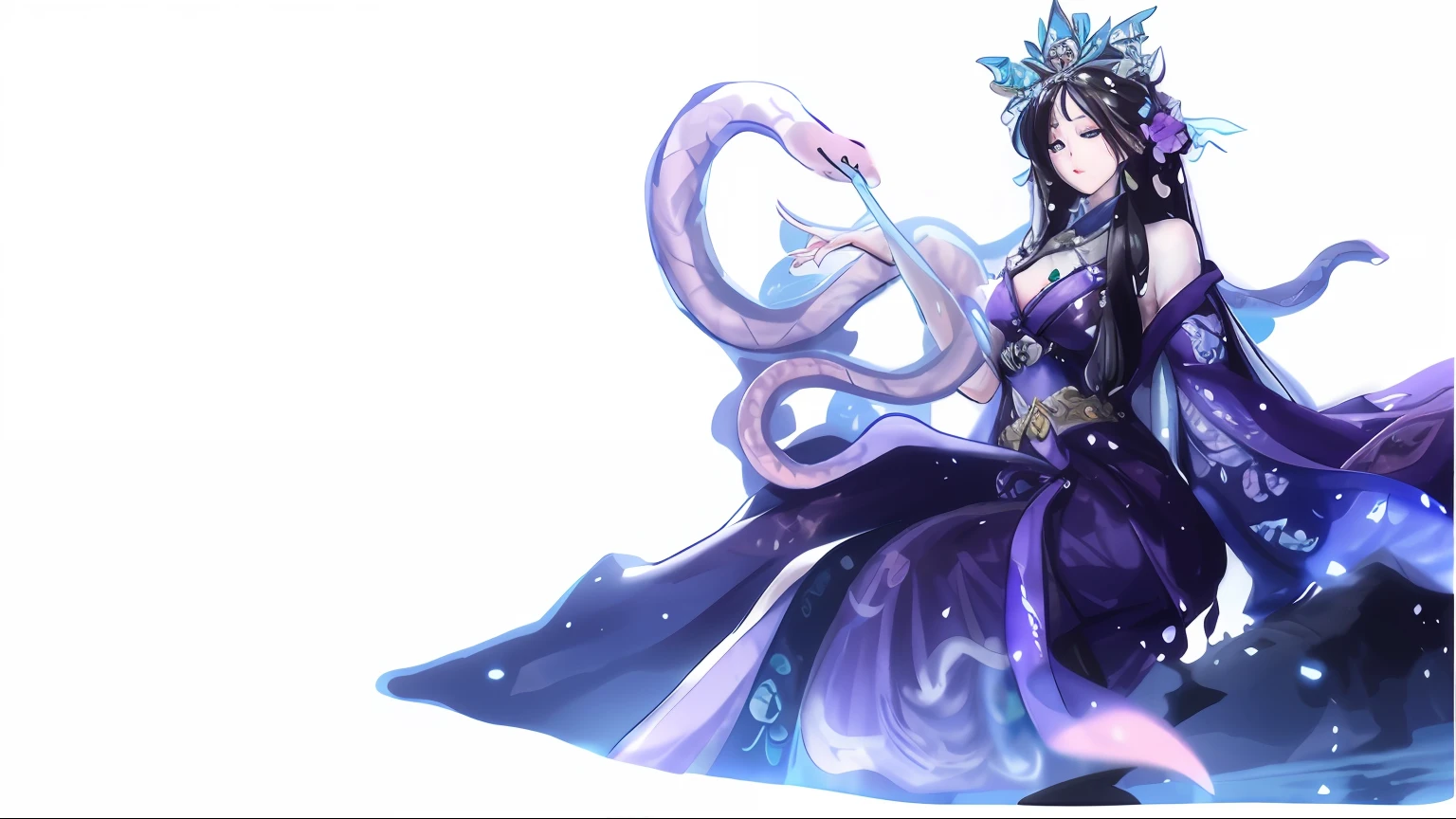 A woman in a purple dress sits on a rock with a snake, Beautiful celestial mage, Asian Woman Water Elemental, full-body xianxia, a beautiful fantasy empress, ((a beautiful fantasy empress)), beautiful female witch, beautiful female witch, heise jinyao, queen of the sea mu yanling, Onmyoji detailed art
