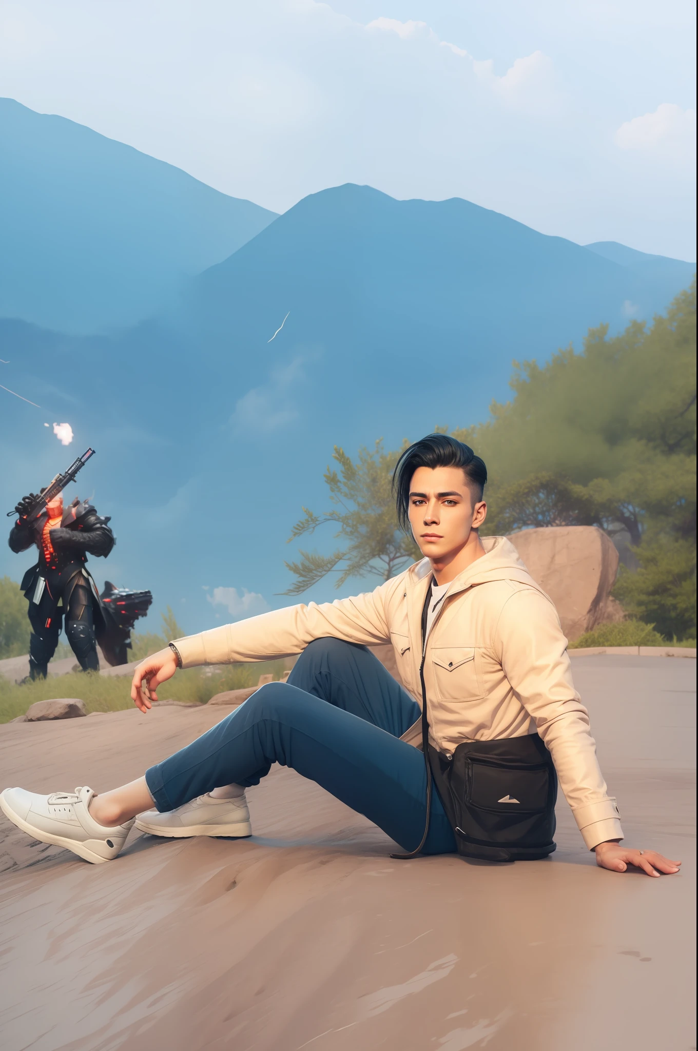 Handsome boy. With black monster in background cyberpunk. Different hair and fashion best quality v4. Gun on hands wellow coat etc.
