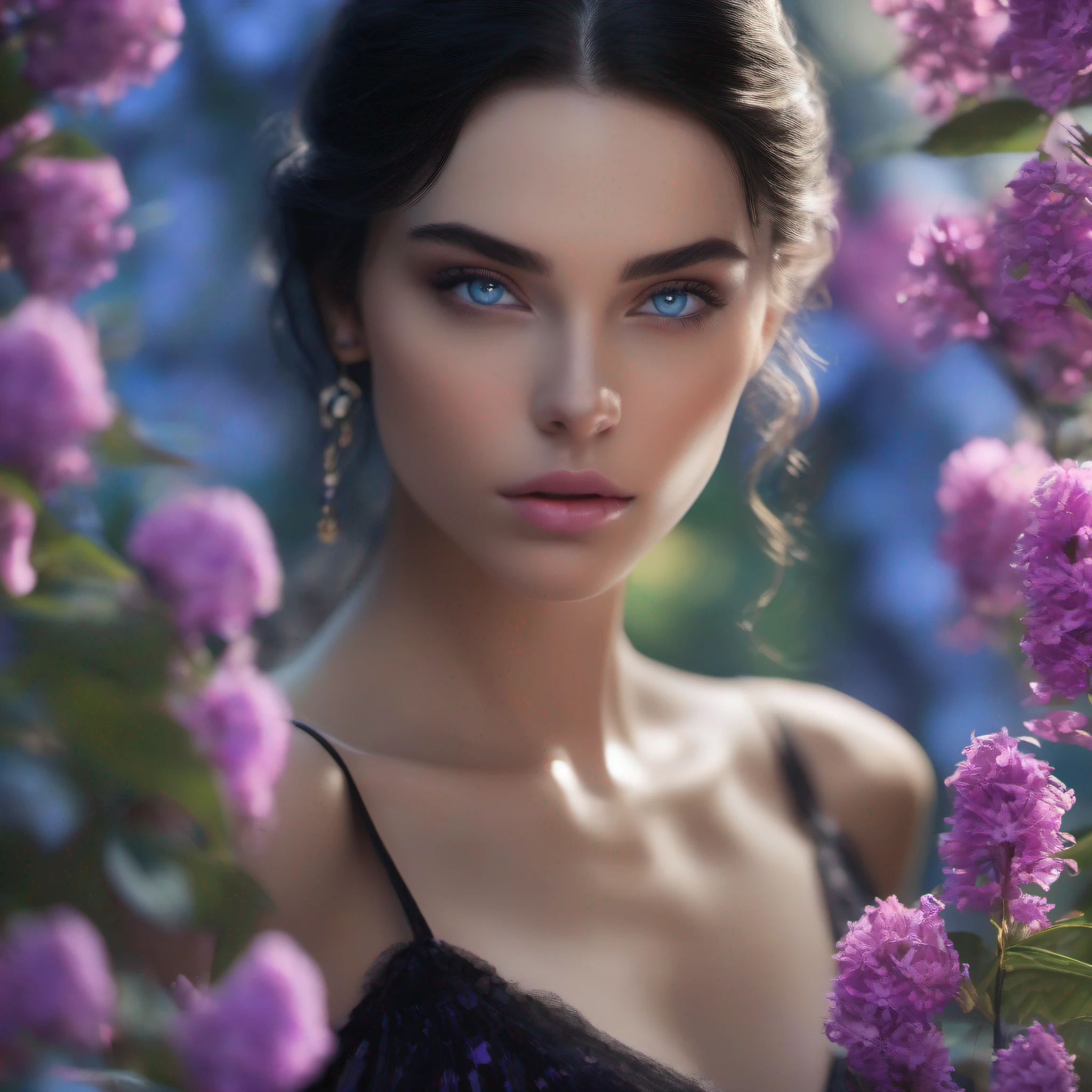 a beautiful model with slightly slanted blue eyes and very straight black hair well defined features perfect face perfect mouth beautiful in a photoshoot with a sensual look at the camera in the background blue foliage purple flowers ultra realistic well detailed intricate 8k sharp focus great lighting beautiful great photography composition