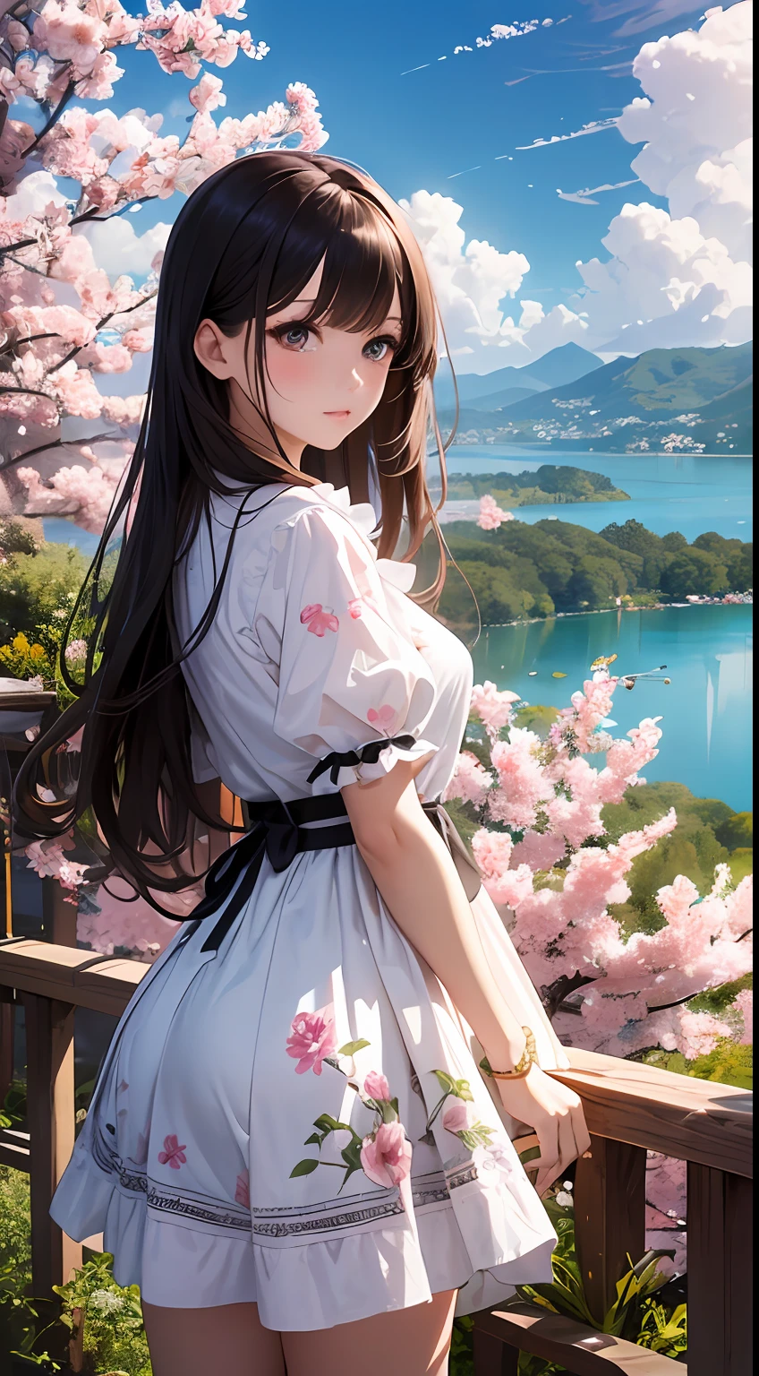 （Close-up of the painting style，8k ultra high definition，Masterpiece grade vista CG wallpaper），Beautiful skyline，Magnificent sky，美丽细致的眼睛，cute girly，Perfect slim body，shift dresses，Pure eyes，The skin is smooth like a baby，Stand on a high waterfall overlooking the earth，Skysky，lakes，Colorful flowers and plants。