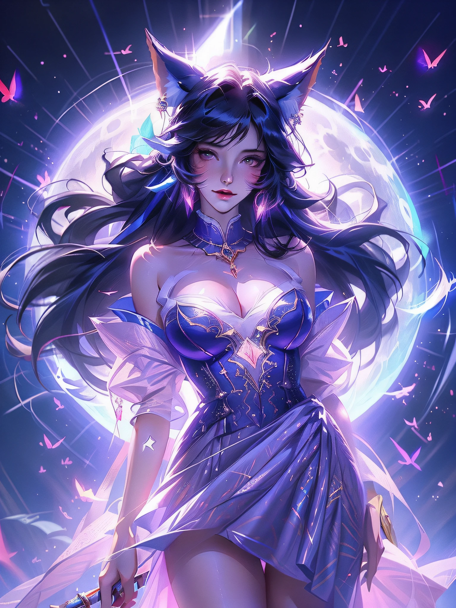 Anime girl standing in front of the full moon，Wearing a pink dress and cat ears, ahri, portrait of ahri, seraphine ahri kda, Extremely detailed Artgerm, ahri from league of legend, IG model | Art germ, ! Dream art germ, Ross Tran 8 K, Art germ on ArtStation Pixiv