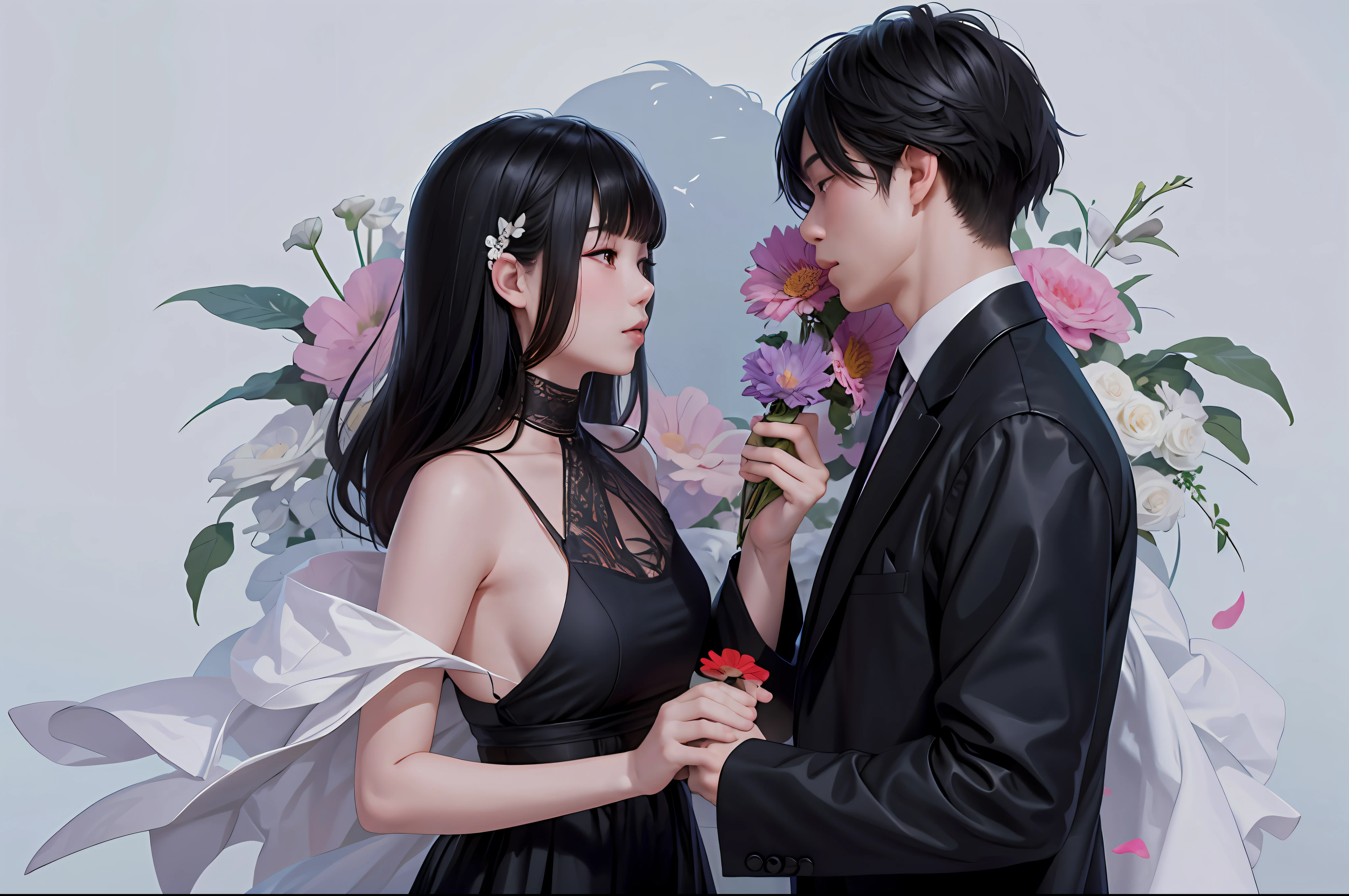 They looked at each other，Flowers in hand, shot with canon eoa 6 d mark ii, taken with canon eos 5 d mark iv, couple pose, ruan jia and brom, photoshoot, taken with canon 5d mk4, cute couple, romantic couple, shot on canon eos r 5, Shot on a Canon EOS R5