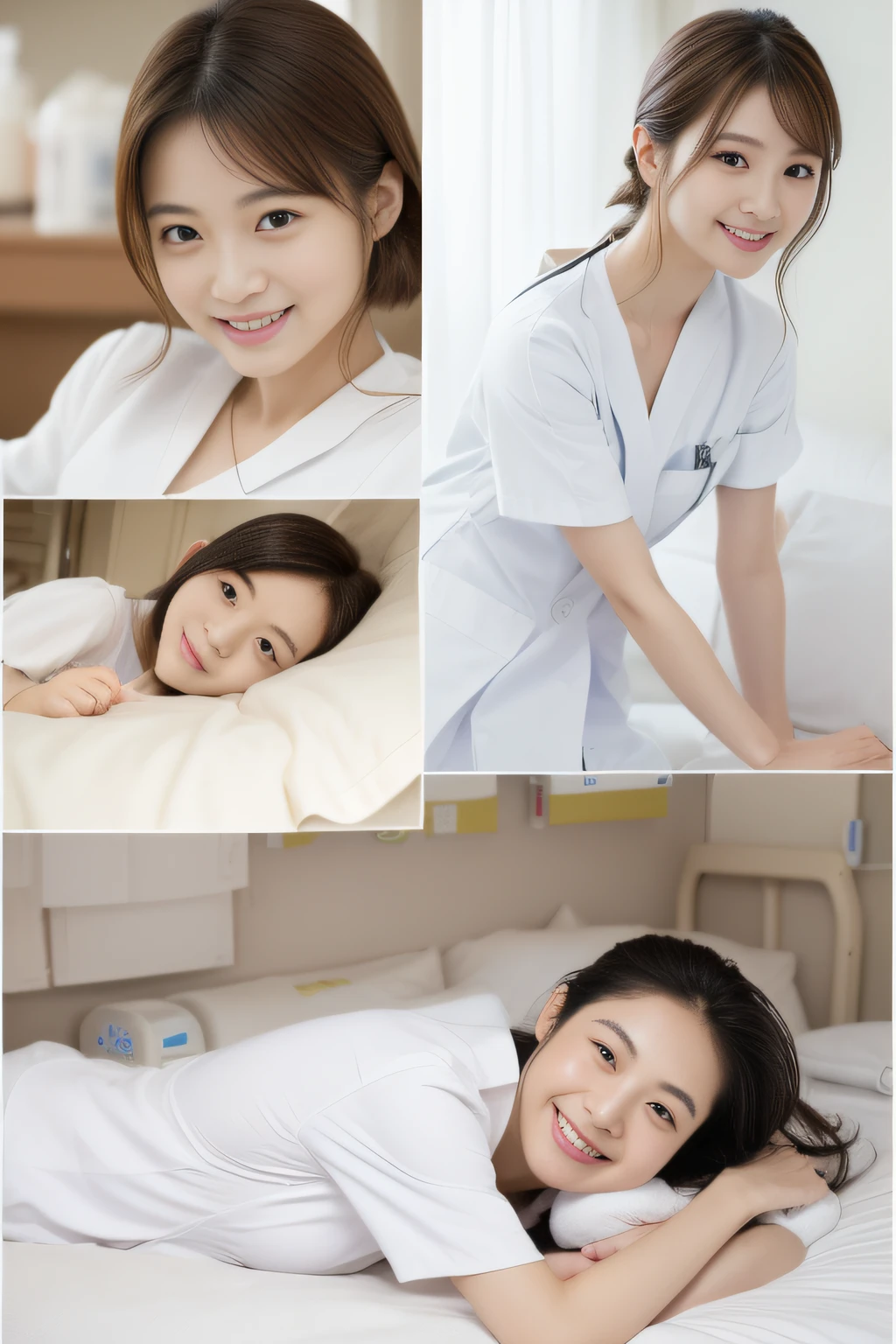 (Masterpiece、top-quality、Top image quality),Japan woman with good looks、1girl、(Angel in White、maternal、nurse)、Perfect limbs、perfect anatomia、smile、soothing、Healing、hospitals、Hospital room、It's okay Rest assured、