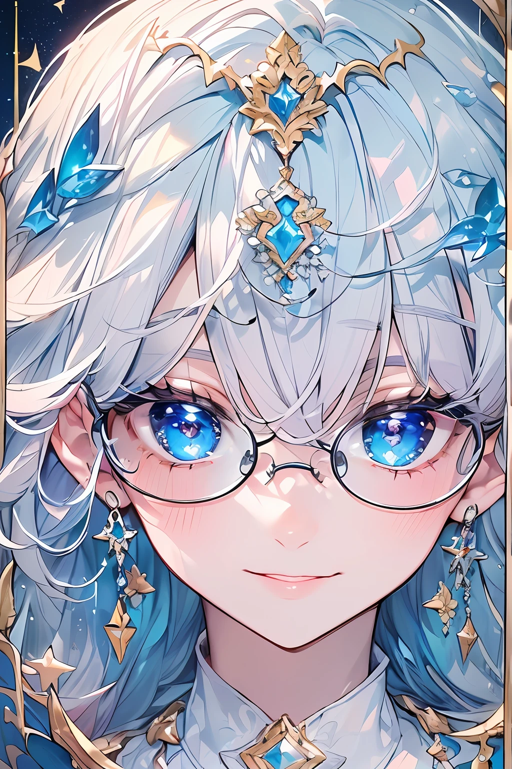 ((masterpiece、top-quality、Official art、Beautifully Aesthetic:1.2))、(the golden ratio:1.2)、(ultra-detailliert:1.3)、(1girl in:1.3)、(Fractal Art:1.3)、(Glitter pupils)、((Half Blue:1.2、Half dark blue:1.5))、(heterochromia iridis:Blue right eye and light blue left eye)、((A smile))、(Hyper-detailing), ((delicate detail)), (intricate detailes), ((ciinematic light, best quality backlight)), ((The best lighting, extremely delicate and beautiful)), (ray trace reflection、brilliance)、((glowing aura))、((Radiant hair))、((The ultra-detailliert))、((night sky full of stars))、(Shining eyes:1.5),(Crystal pupil:1.2),(Big eyes)、(Crystals in the eye),(Round glasses)、((High School Uniforms))、((beautidful eyes))、((shinny hair))、((Glossy hair))、Light reflected in the hair