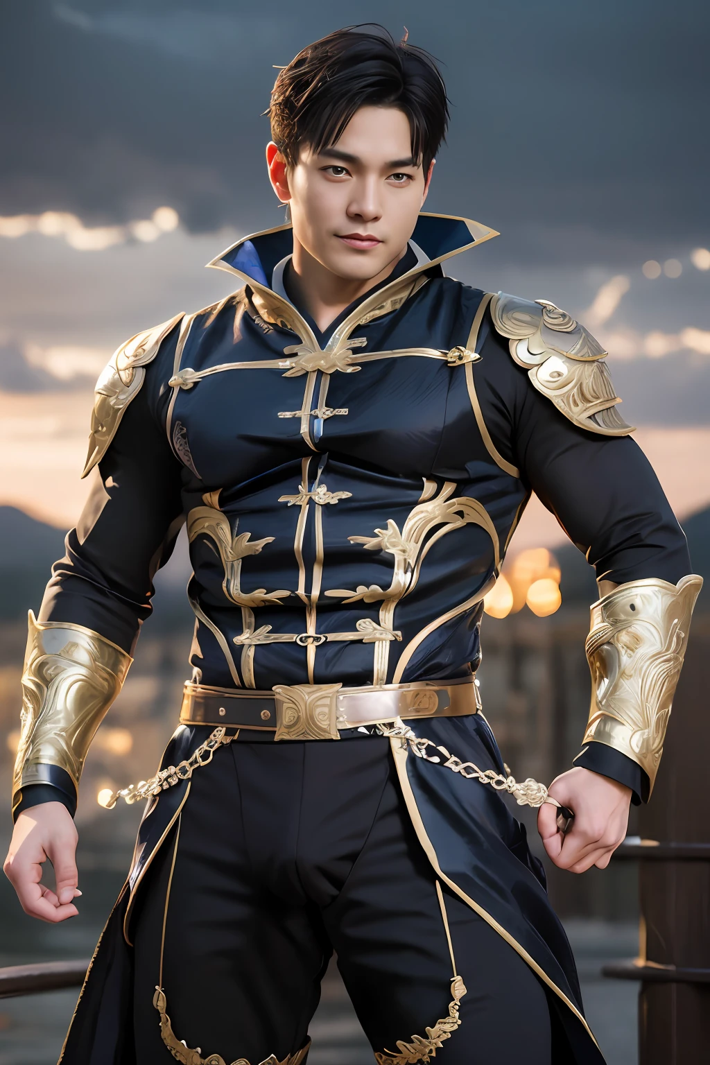 top-quality、​masterpiece、超A high resolution、(realisitic:1.4)、详细的脸、独奏、１human male、The upper part of the body、Dark hair、glistning skin、dense skin、(asian human)、architectural、(absurderes、hight resolution、ultra-detailliert)、、1 male、Adults、(a 25-year-old man)、a handsome、tall muscular man、broad shoulder、extra very short hair、angular jaws、thick neck、thick eyebrow、extra very short hair、A dark-haired、fine eyes and detailed face、 Highly detailed CG Unity 8K wallpapers、intricate-detail、(Style Swirl Magic:0.7)、looking at the spectator、独奏、(full body Esbian:0.6)、细致背景、A detailed face、dynamicposes、、dynamic compositions、 big muscle、、((((Crotch bulge))))、a handsome、 ((masutepiece:1.4, Best Quality)), ((masutepiece, Best Quality)), (photographrealistic:1.4)、(((Sorcerer)))、grin, 、a smirk、Sunny and cloudy sky、(Complex blue long sleeve enchantment costume),  (Fantasy Library Background:1.2), Photorealistic、Naughty personality、mysterious background