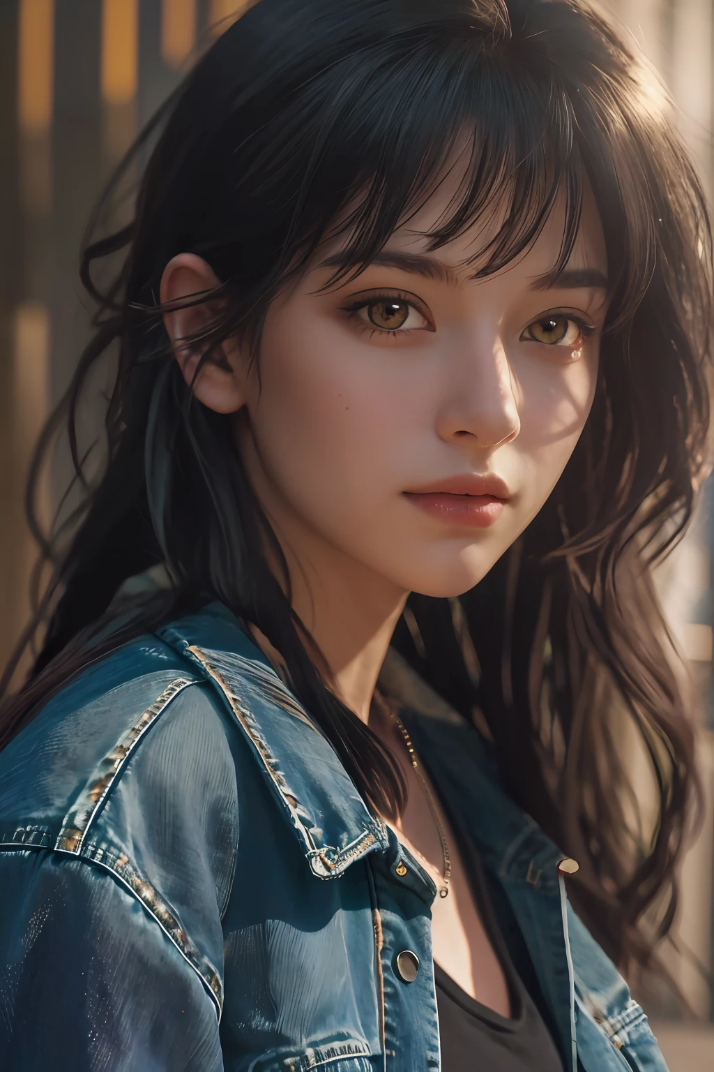 "Jeans jacket, urban vibe, city street, cool and casual, cinematic lighting."