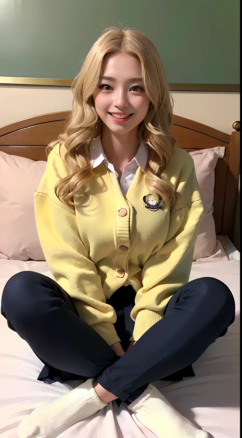 ((8K、Raw photography、top-quality、masterpiece)、(realisitic、photorealisim:1.37)、(top-quality)、(Best Shadows)、(The best illustrations)、鎖骨((爆乳))、((A sexy、超A high resolution、High Definition CG Unified 8K Denden Wallpaper、physically-based renderingt、Cinematographic lighting)、20 year old girl、 (blazers、sockes、high-school uniform:1.2), beautiful finely detailed eyes, Light on the Face, ((FULL BODYSHOT:1.2)), especially strong light, (Grinning smile:1.2),glowy skin、( thick thight), full of shyness, (The Flash:1.2), NSFW, (puffies, ((enchanting posture:1.2, enticing:1.2)),face perfect、Schools、full body Esbian、Pants are visible through the skirt、kawaii faces、Golden head hair、gals、on the beds、a blond、