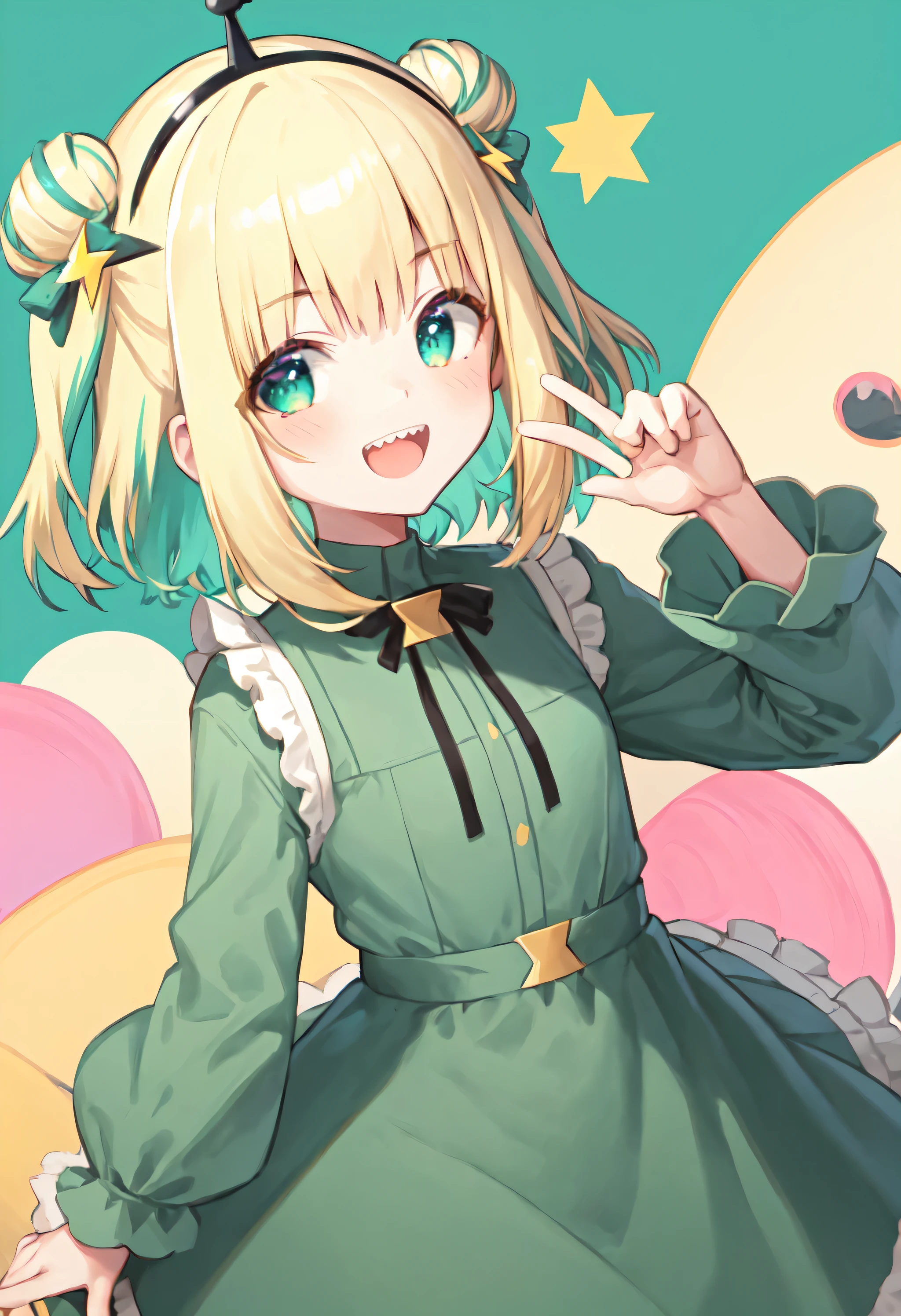 isekaipika, 1girl, solo, virtual youtuber, blonde hair, green eyes, multicolored hair, white background, simple background, smile, green hair, looking at viewer, hair bun, long sleeves, teeth, two-tone hair, :d, hairband, double bun, hair ornament, open mouth, streaked hair, green shirt, two side up, bow, hand up, puffy long sleeves, dress, puffy sleeves, blush, frills, green dress, bangs, star hair ornament, skirt, star (symbol), shirt, black hairband