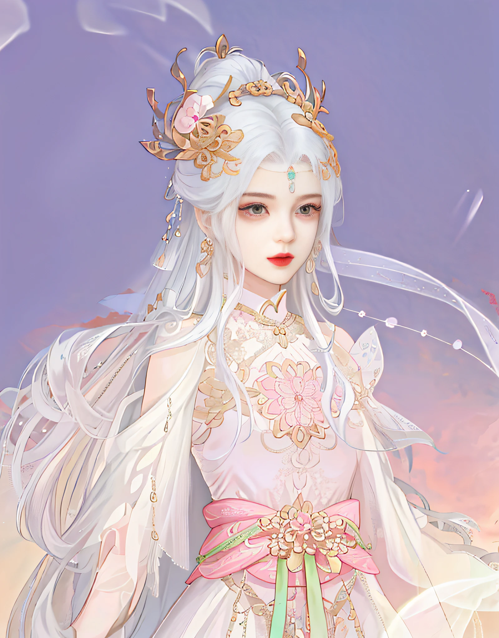 oriental girl，Works of masters，Best picture quality，Higher quality，high detal， 超高分辨率， 8K分辨率， depth of fields， cinematic photogtaphy， intricately details， carefully， meticuloso， glorious， max detail， extreme beautiful， （（（1girll， 独奏）））， 18yr old， long whitr hair，A picture， tmasterpiece， （Best picture quality）， Higher quality， high detal， 超高分辨率， in a panoramic view， Exquisite facial features， s the perfect face，Staring straight ahead，The head is tilted slightly，adolable