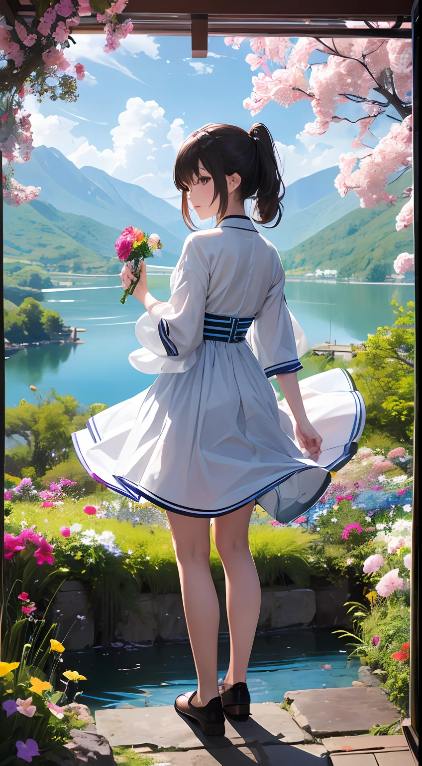 (Close-up of the painting style,8k ultra high definition,Masterpiece grade vista CG wallpaper),Beautiful skyline,Magnificent sky,美丽细致的眼睛,cute girly,Perfect slim body,shift dresses,Pure eyes,The skin is smooth like a baby,Stand on a high waterfall overlooking the earth,Skysky,lakes,Colorful flowers and plants。