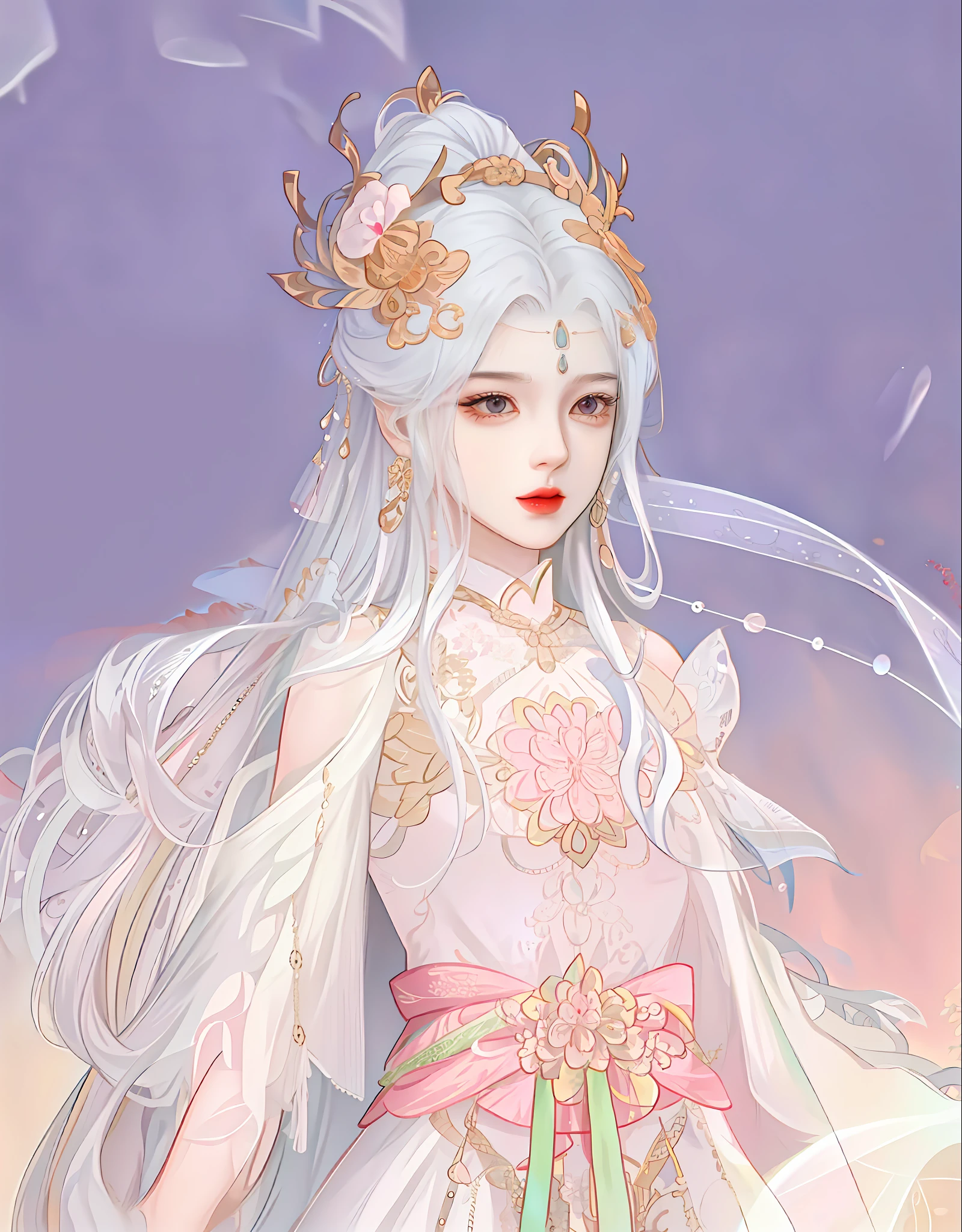 oriental girl，Works of masters，Best picture quality，Higher quality，high detal， 超高分辨率， 8K分辨率， depth of fields， cinematic photogtaphy， intricately details， carefully， meticuloso， glorious， max detail， extreme beautiful， （（（1girll， 独奏）））， 18yr old， long whitr hair，A picture， tmasterpiece， （Best picture quality）， Higher quality， high detal， 超高分辨率， in a panoramic view， Exquisite facial features， s the perfect face，Staring straight ahead，The head is tilted slightly，adolable