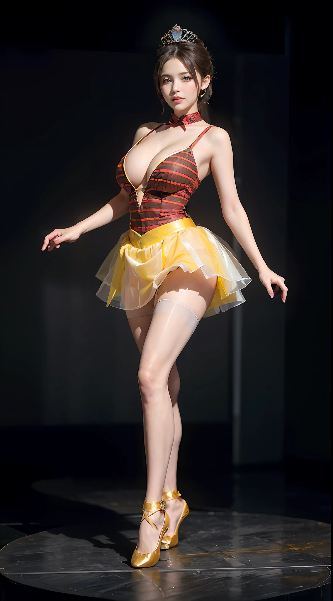Surrealist women by David Hockney and Alphonse Mucha,Fantasyart,photographrealistic,动态照明,art stations,poster for,huge tit!torches,torchan,Stage,perform,theater,Volumetriclighting,Tall beauty,body high,Very detailed faces,4 k'',1girll,Stage,low tune,facial closeups,(Red and yellow striped ballet costume,short transparent dress,Superskirt,Bunny Girl tiara,cleavage:1.4), updo hair,lots of people,Redlip,ssmile,low chest,deep v big breasts,huge tit,Raised sexy,Bigchest,Large breasts,Breast swelling,Raised chest,blackstockings,Breasts are plump,crisp breasts,A plump chest,the breasts are large,Seductive expressions,Wear earrings,The skirt floated,Hair flowing up,Fairy under fan,wearing a choker,Wear a bracelet,The stands up,standing on your feet,long leges,blackstockings,Wet all over,Moisturizes the whole body,huge tit,Red lips,Curvy beauty,Female beauty,stocklings,gigantic cleavage breasts,black lence stockings,slenderlegs,Hot dance,ballet dance,Ballerina,full bodyesbian,beautifullegs,Dance,gracefulness,soft,softness,samba,samba,Noble,Rich,largeeyes,eye shadows,Long legs,beautifullegs,Thin leg,split,splitting legs,Dance,Dancer,split,Aerial capture,Jump up,Suspended in the air,Dancing in the air,The legs are long,Skirt bottom,Curvy beauty,Kicking