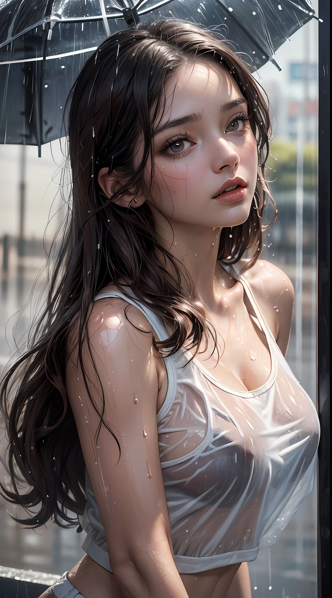 (Best quality, 4k, Masterpiece :1.3), pretty woman, 1girl, sexy :1.1, dark brown hair: 1.1, (rainy wet, wet from rain, wet body :1.2), white tank tops, ultra-detailed face, detailed lips, detailed eyes, double eyelid