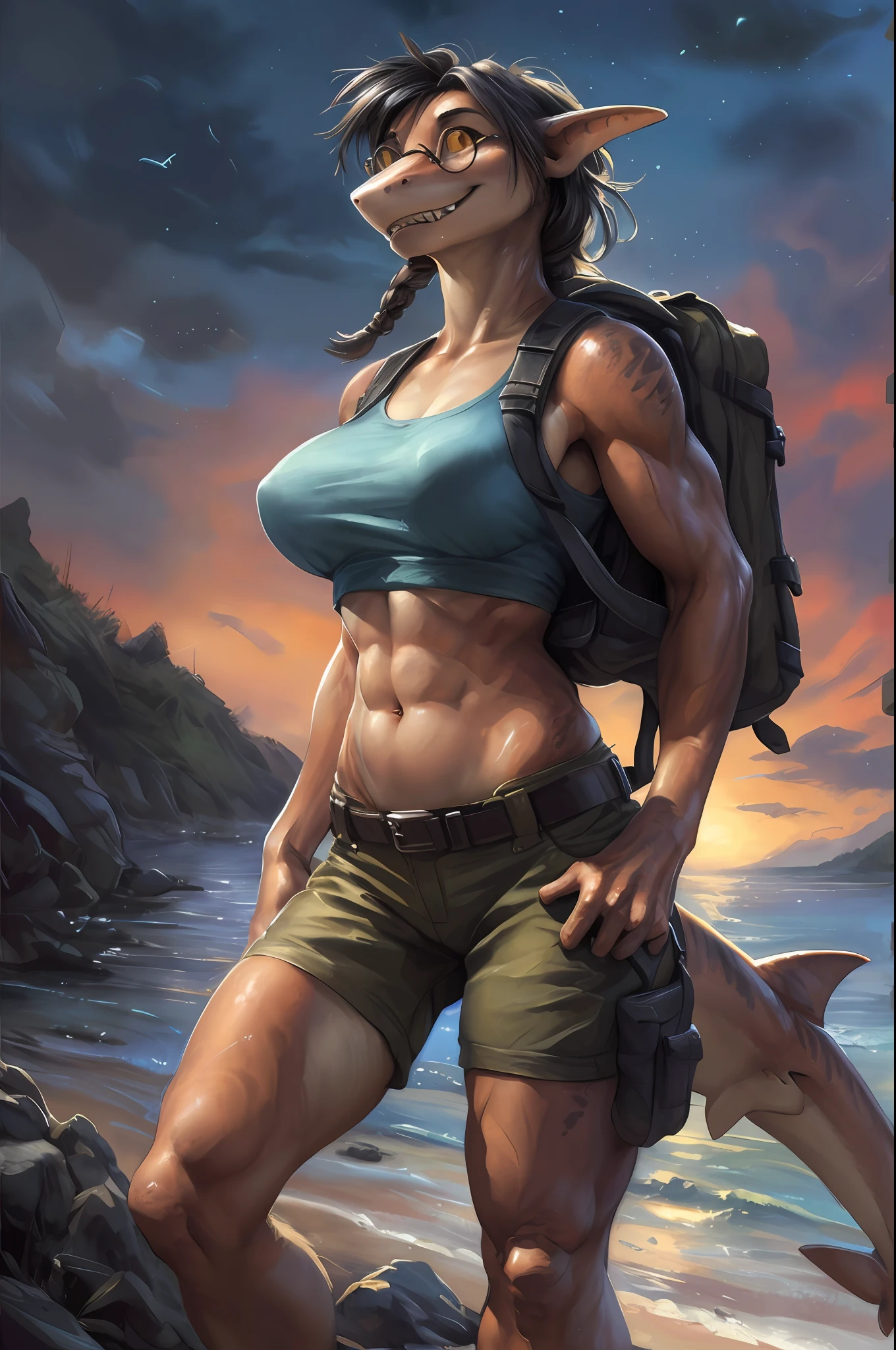 solo, (beautiful female:1.4), (nice shark girl),  ( fit, abs), busty, big erect breasts, erect nippleslips,  slim waist,  (black hair),  ( female shark | Lara Croft ), (((female))),  orange body scales, white belly,  (kemono:1.5), features of Angelina Jolie,
( khaki shorts ), lightblue crop top, ( two pistols-gans on hips ), wide belt, long braid, ( (red) round glasses :1.2), (red glasses), ( small backpack on her back:1.2), army boots, leather straps on hips and biceps,   e621, (female body),  slim sports body, 
 shark tail, cameltoe,  (body portrait), [slim swimsuit],             sharp fangs, 
(detailed eyes, detailed pupils, yellow eyes, glowing eyes),
(outdoors),   ocean beach , candle, night, (particles ,firefly, blue glowing), seeker of adventures,
detailed background, photorealistic, realistic hands, 8k HD,
(dark shadows, wide dynamic range, hdr, low light:1.2),
by (by Pino Daeni, (by ruaidri), (by virtyalfobo), (by Kenket). by iskra, by darkgem