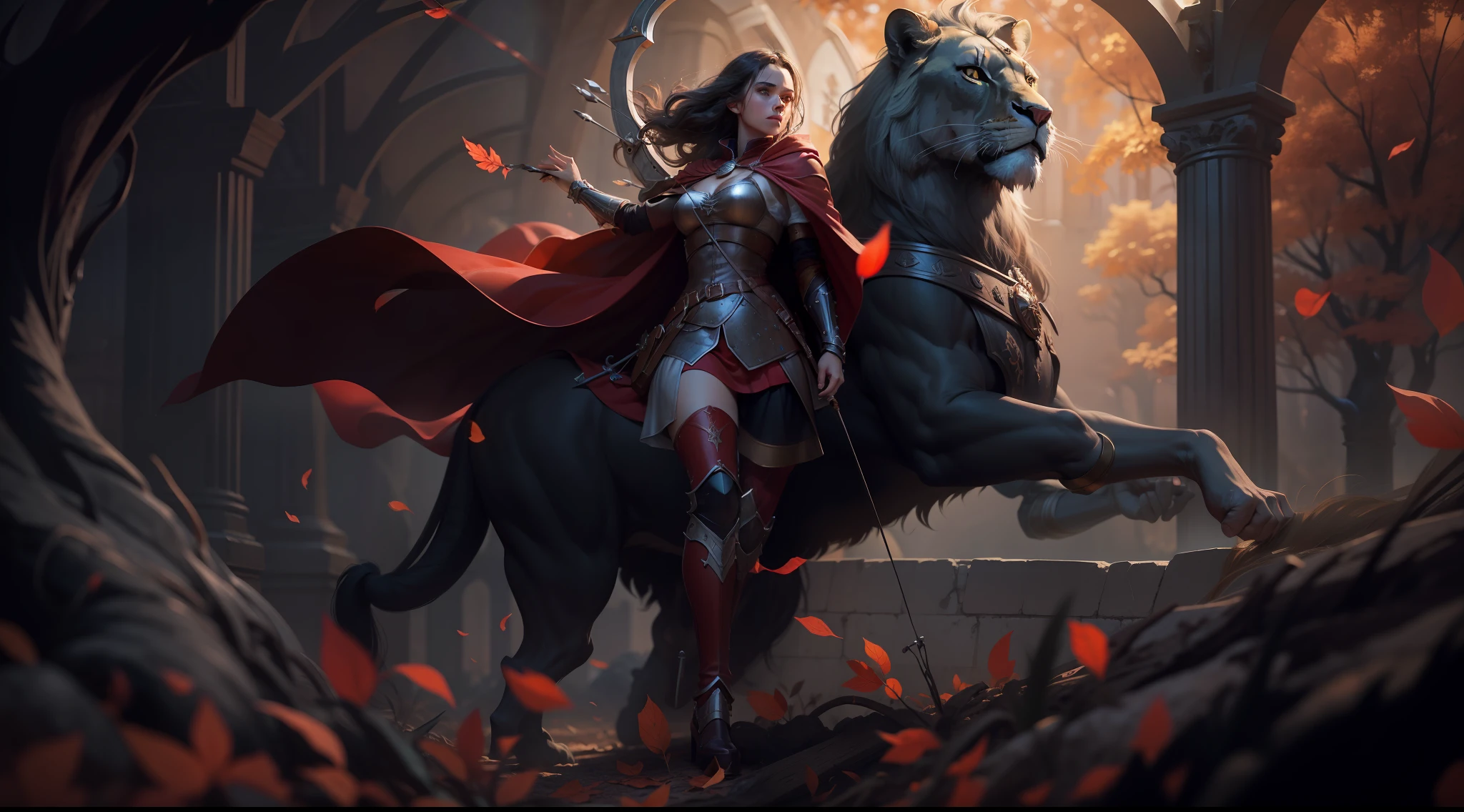 papel de parede 8k, 1girl, mundo medieval, scientific fiction, Woman archer wearing black armor with red cape mounted on a lion, inspirado no jogo de computador Tibia que pertence a empresa Cipsoft, 8k cinematic, OC rendering, melhor qualidade, dramatic lighting, Antecedentes detalhados