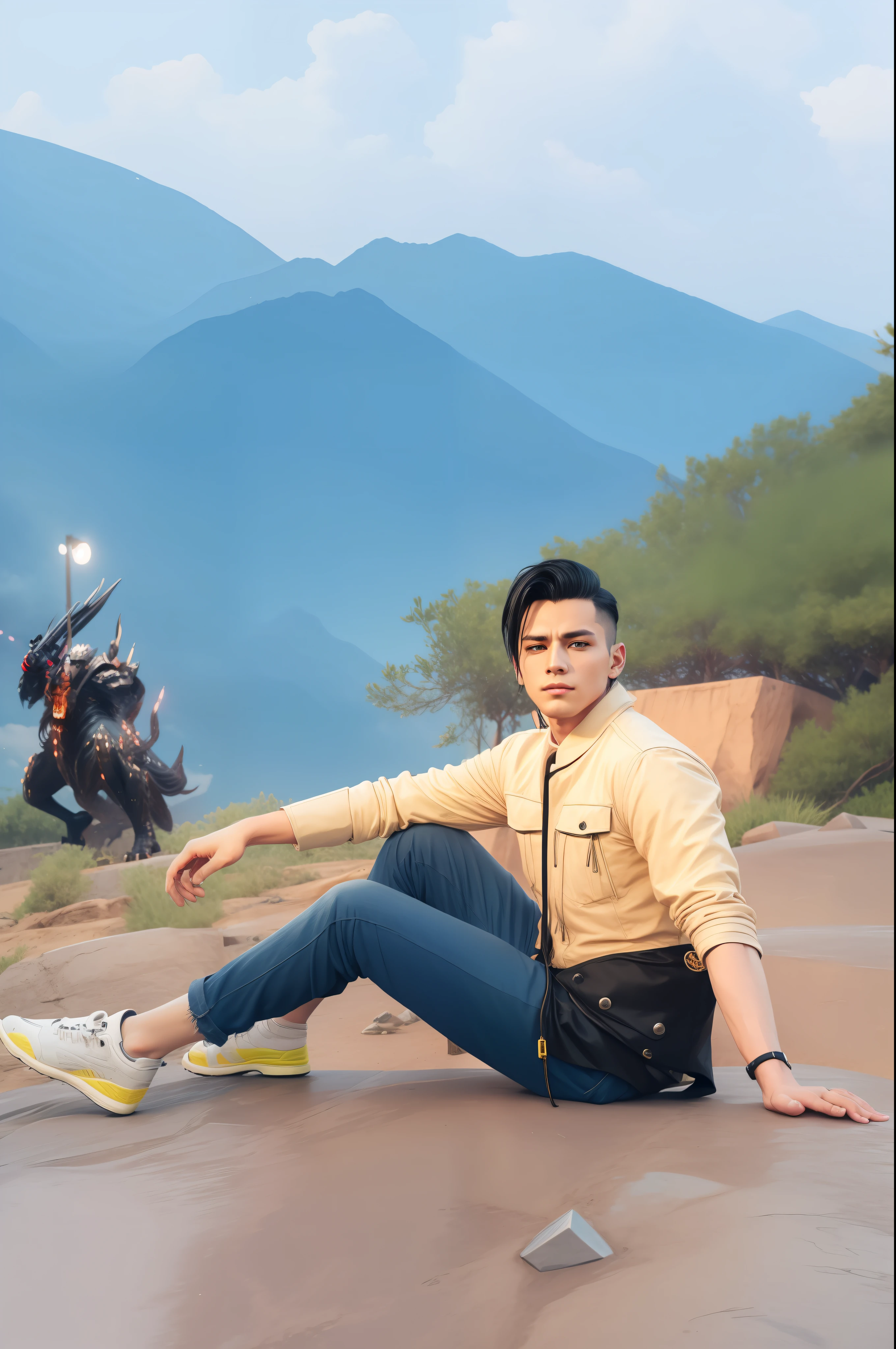 Handsome boy. With black monster in background cyberpunk. Different hair and fashion best quality v4. Gun on hands wellow coat etc.