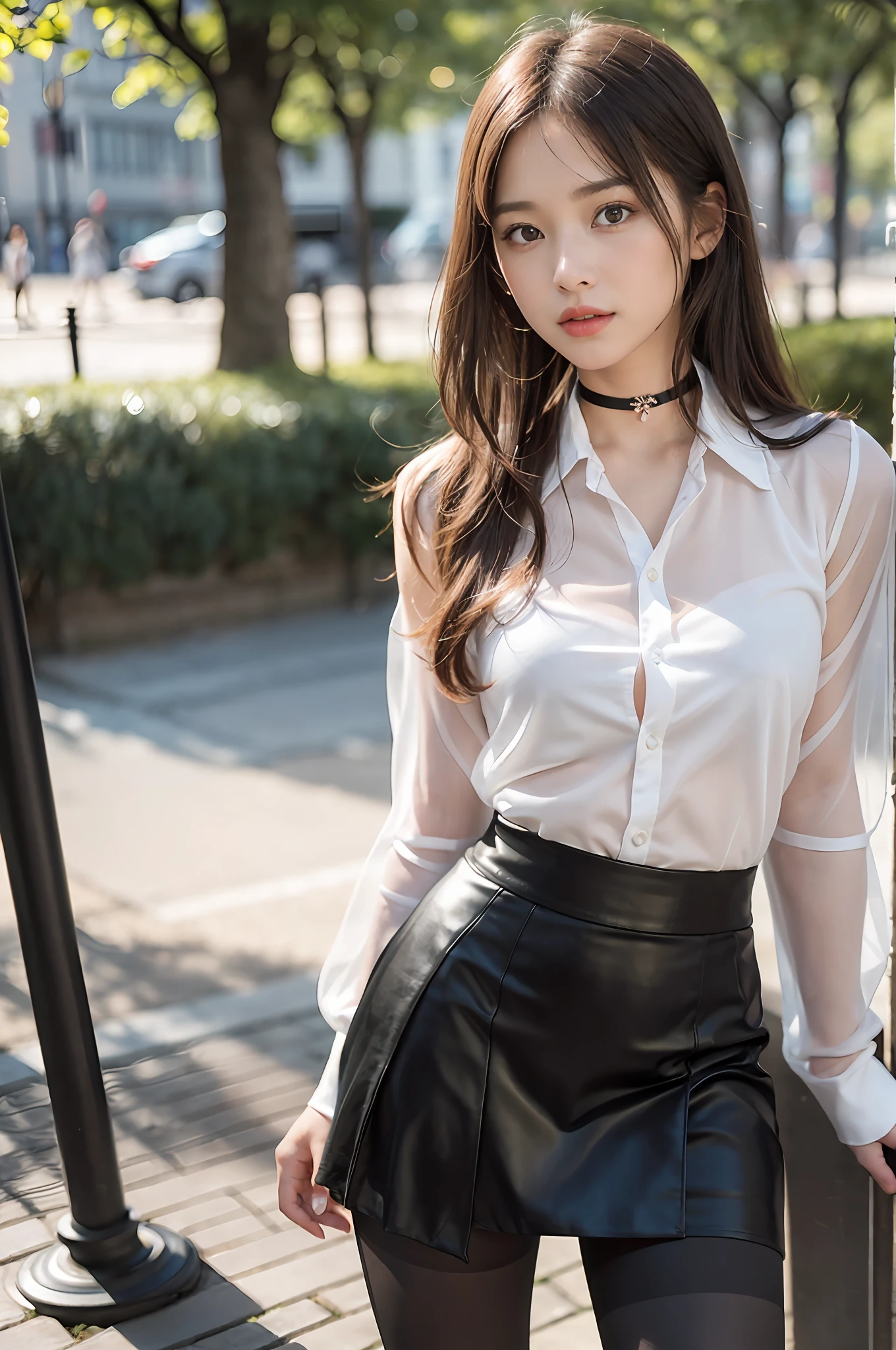 18-year-old female, baby face, RAW photo, bokeh, (realism: 1.4, realistic), high-definition CG unified 8K wallpaper, 1girl, ((slim body: 1)), (medium breasts: 2), return to the viewer, ((direct view from the front)), (HQ skin: 1.4), 8k UHD, DSLR, soft light, high quality, film grain, fujifilm XT3, ((uniform, micro mini skirt, Metal Choker, See-Through Shirt: 1.5)), ((Outdoor, in the Park))), ((Long Hair, Black Pantyhose, Medium: 1.2)), (Full Body Portrait: 1.2), (Viewers: 1.4), (Red High Heels: 1·2), (Full Body: 2)