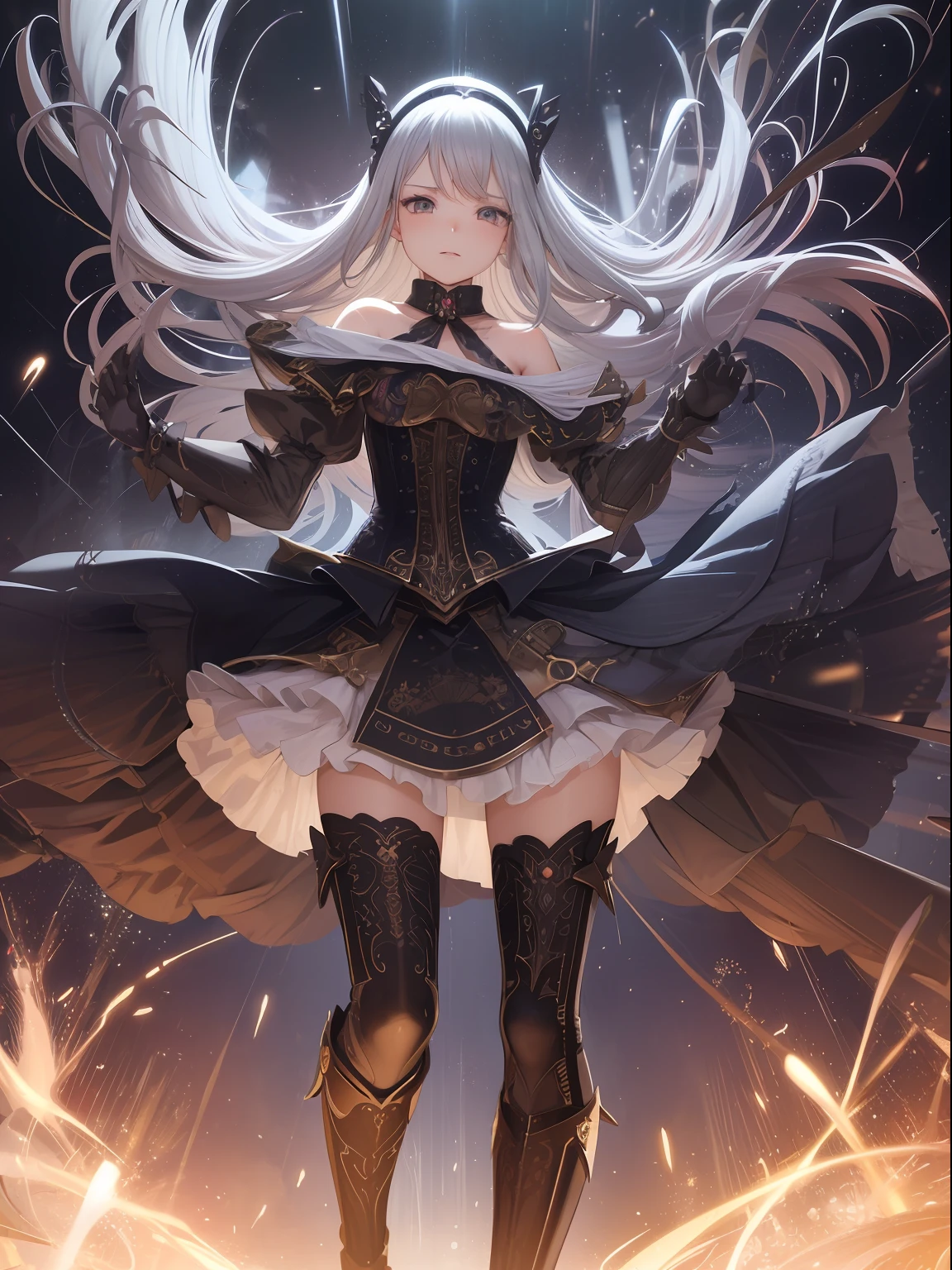 (Super best quality)), (Very masterpiece)), (Super detail:1.4), Super photorealistic 3D, Android Mage Girl, Mechanical body, Dynamic action poses in battle scenes, Mechanical weapons of very complex and heavy fighters, Off-the-shoulder fashion fused with detailed and intricate steampunk and detailed Gothic Lolita, Complex steampunk headgear, Very slender long legs, mechanical boots above the knee, fluttering lace flared mini skirt, upturned and beautiful small breasts, rather long vertical curly silver hair driven by the wind, countless shining large spheres flying around, many sparks crossing and splashing, countless neon lights raining down from magic-invoking poses, very dark steampunk factory background, very dramatic and cinematic lighting.