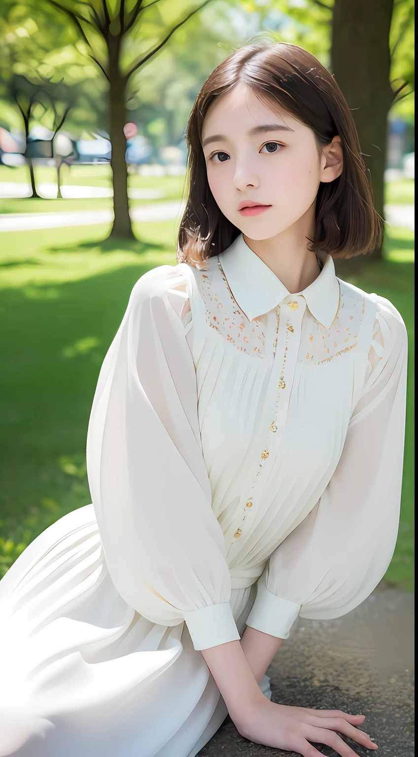 女の子1人, (Full body), Unknown , detailed clothes, (delicate illustration:1.4),(masutepiece:1.0), (Best Quality:1.4), (超A high resolution:1.2), (Photorealistic:1.4), (8K, Raw photo:1.2), (Soft Focus:1.4), (18year old:1.3), (Sharp Focus:1.4), (Renaissance art:1.4), Detailed beautiful face, (Blouse with white collar), sitting on