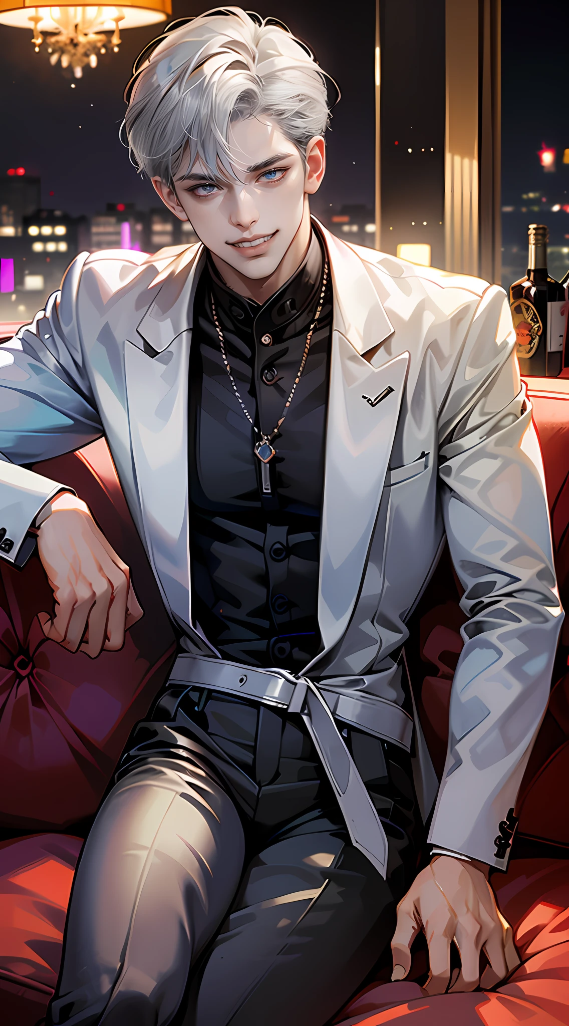 (tmasterpiece, high resolution, ultra - detailed), (1 boy, Young male), Perfect male body, (Sexy adult male:1.3), Look at the camera, Delicate eyes and delicate face, Extremely detailed CG, Unity 8k wallpaper, Complicated details, solo person, Detailed face, (Gray hair, Metal necklace, Sit on the couch in a modern bar, Modern clothes, Stylish and sexy menswear), (Evil smile, grin), Male model, (Nightclub:1.3), color difference, Depth of field, dramatic shadow, Ray tracing, Best quality, offcial art, indoor, Modern style