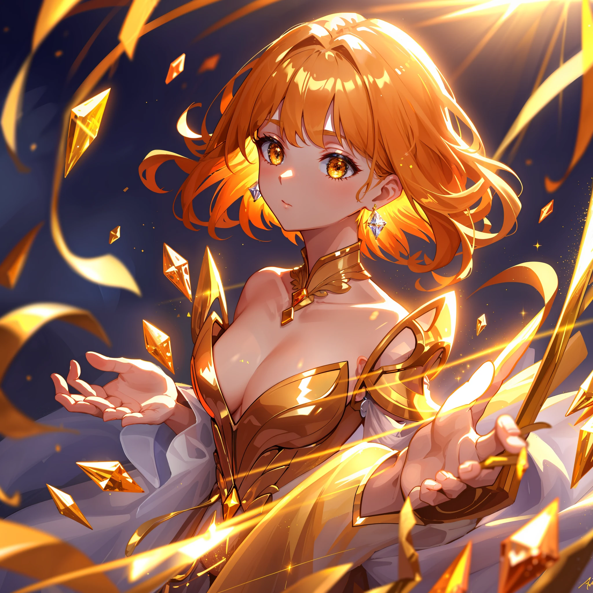 Masterpiece, 4k wallpaper, Cinematic light, absurderes, protrait 1girl, amber hair, Silver earrings, (little crystal floating:0.6), Crystal floats, particle glowing, Dreamy gold costume,Bigchest