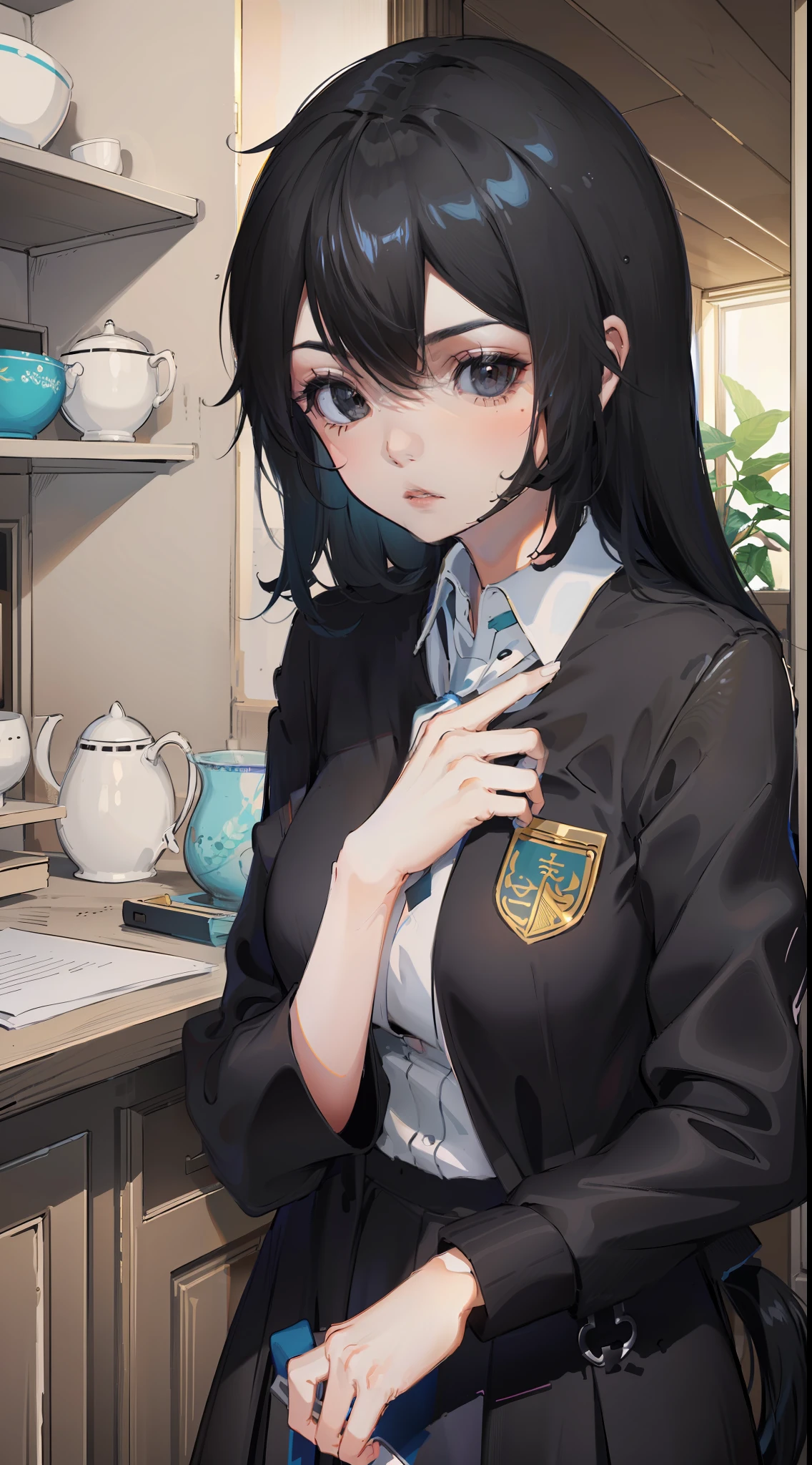 huge tit, Sexual turn, black eyes, one-girl, The color of the girl, largeeyes, black hair,Long hair,(tmasterpiece,best qualtiy:1.3),Wear your school uniform,Show your face,dual horsetail