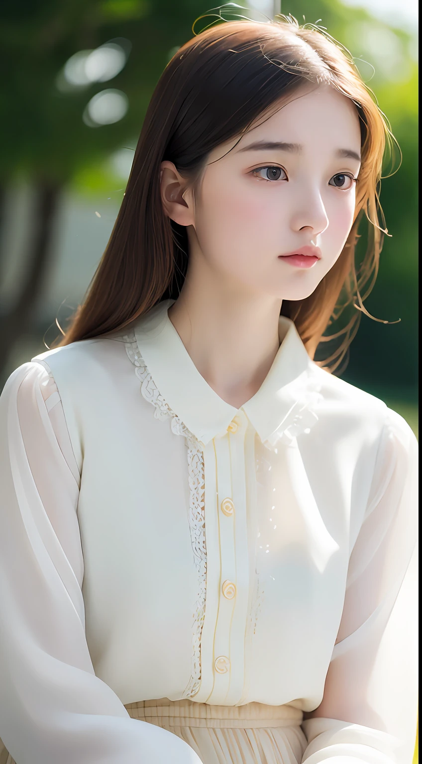 女の子1人, (Full body), Unknown , detailed  clothes, (delicate illustration:1.4),(masutepiece:1.0), (Best Quality:1.4), (超A high resolution:1.2), (Photorealistic:1.4), (8K, Raw photo:1.2), (Soft Focus:1.4), (18year old:1.3), (Sharp Focus:1.4), (Renaissance art:1.4), Detailed beautiful face, (Blouse with white collar), sitting on