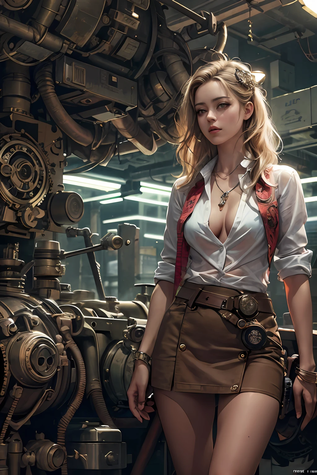 meccog, full shot, full body, Best quality, masterpiece, ultra high res, (photorealistic, open shirt, very short skirt, perfect breasts, :1.4), absurdres,cinema lighting, (a best long shot photo of a mechanical girl),(koh_amberheard:0.9), insanely detailed face, fantasy scifi creature, hyper realistic, steampunk, intricate design, insanely detailed, fine details,