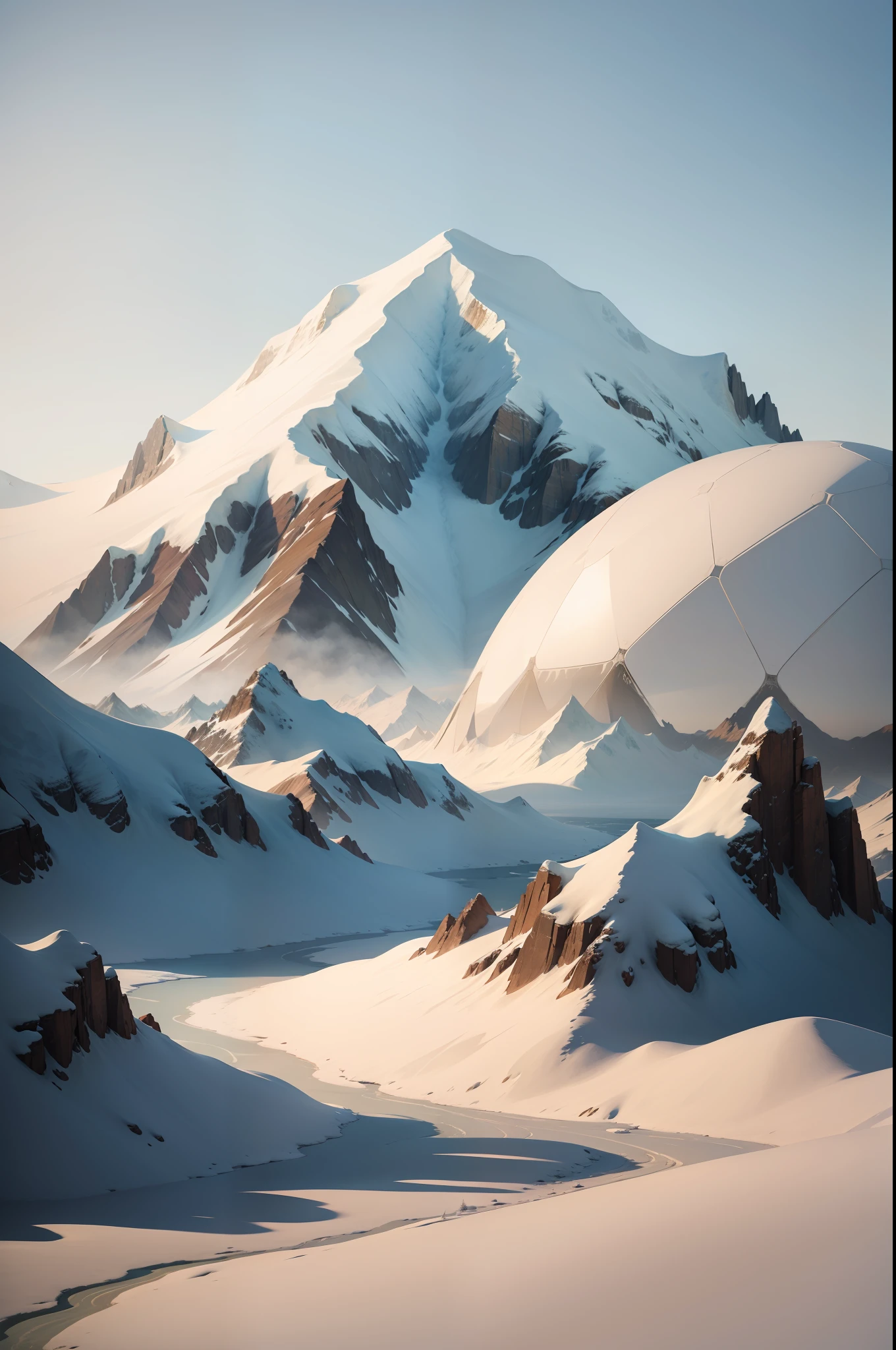ice field,snow mountains,Huge frozen domes between snow-capped mountains,tmasterpiece
