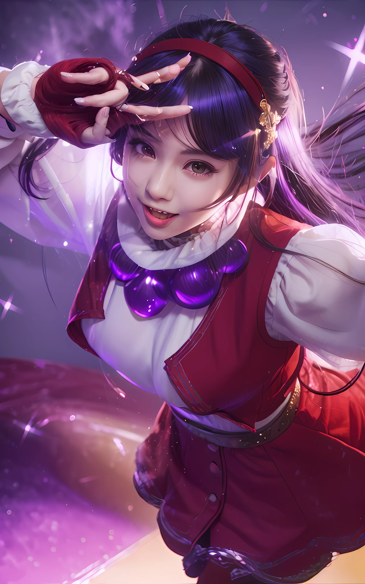 ((Best Quality, 4K, Masterpiece: 1.3)), (Detailed: 1.4), Reality, 1girl, a girl with purple hair and a red vest holding her hands up, range murata and artgerm, extremely detailed artgerm, yun ling, irelia, style artgerm, juri han from street fighter, portrait of tifa lockhart, Big Breast, Huge Breast, Hair Bangs, perfect smile, open mouth, 4K, HD, Ultra Realistic, extremely detailed, tfft