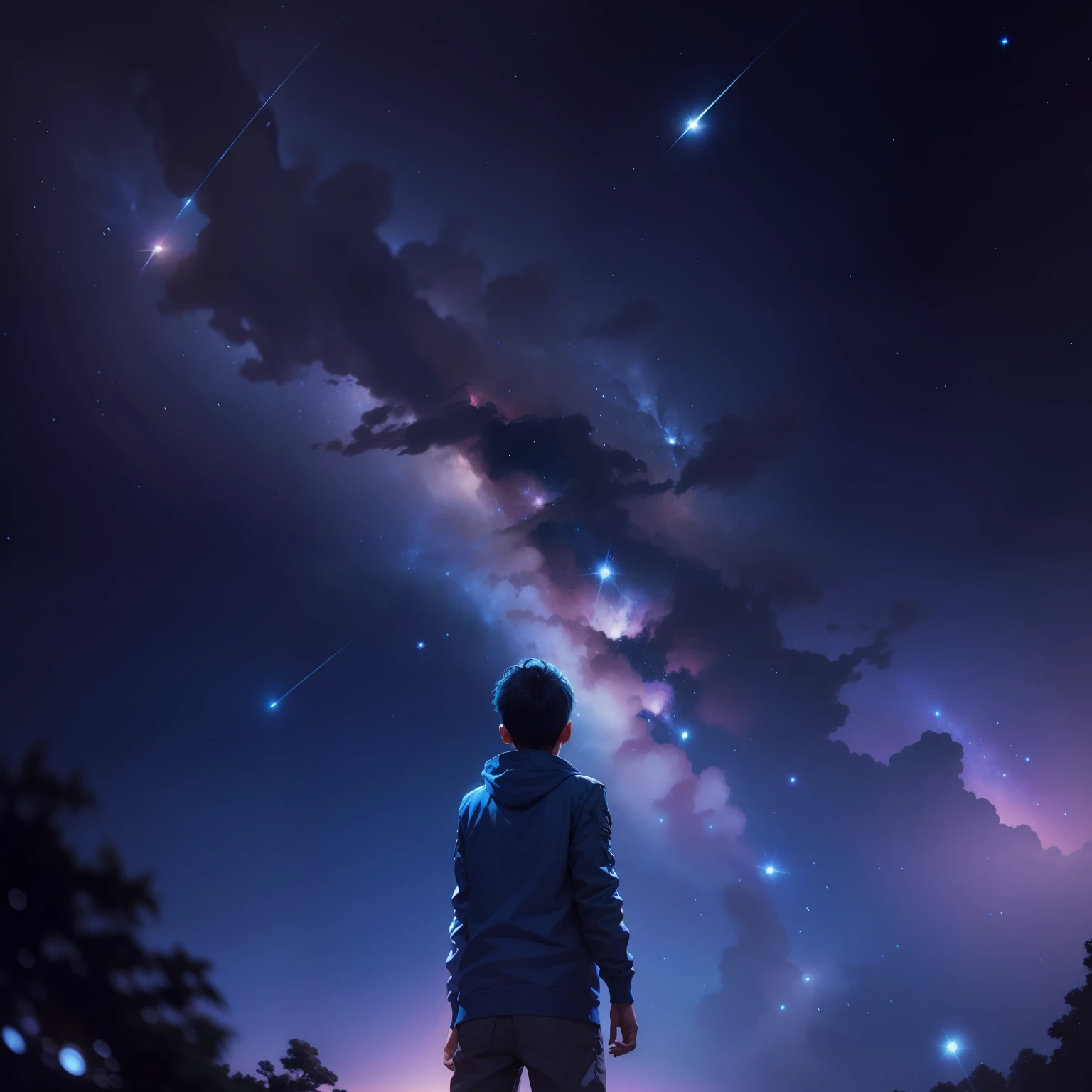 blue tint，galactic，meteors，starrysky，The boy in blue，The boy pointed his finger to the sky，The boy looked up at the sky