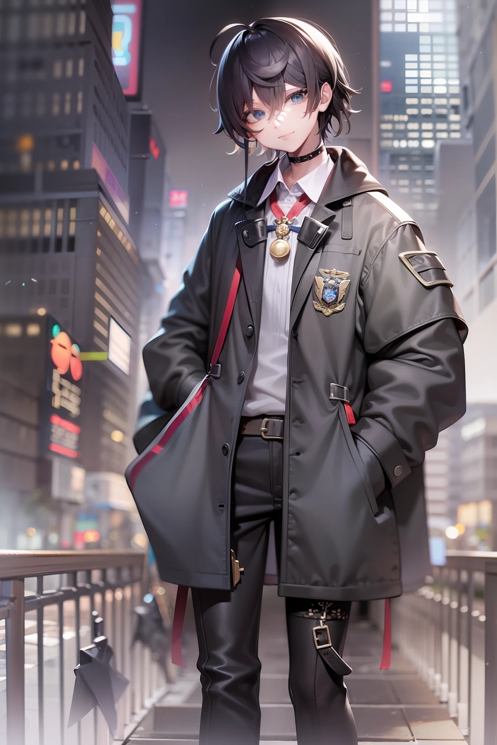 A cute boy，Half men's and half women's clothing，Show your inner happiness with a smile。He is tall and powerful，The eyes are as sharp as a killer，At the same time, it reveals the mystery of psychosis。He stepped on his boots，The close-up of the picture shows the whole body。The background is a scene of the city，The neck is wrapped in white gauze。