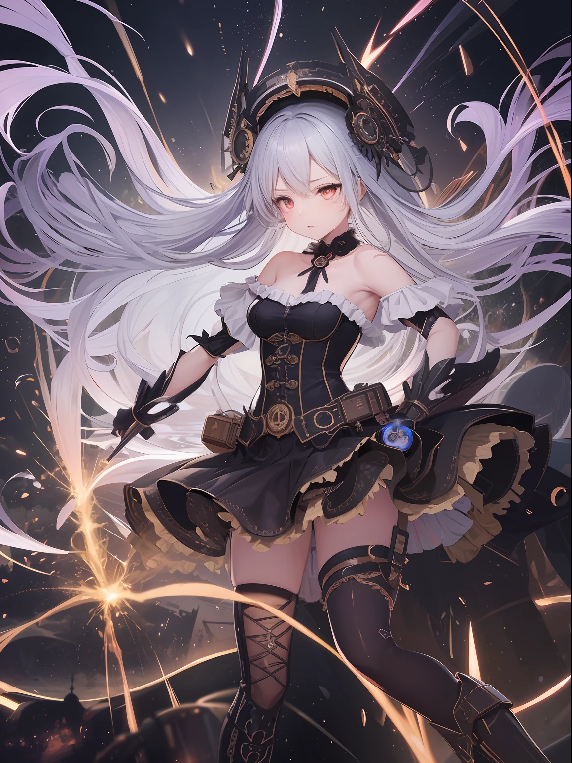 (Super best quality)), (Very masterpiece)), (Super detail:1.4), Super photorealistic 3D, Android Mage Girl, Mechanical body, Dynamic action poses in battle scenes, Mechanical weapons of very complex and heavy fighters, Off-the-shoulder fashion fused with detailed and intricate steampunk and detailed Gothic Lolita, Complex steampunk headgear, Very slender long legs, mechanical boots above the knee, fluttering lace flared mini skirt, upturned and beautiful small breasts, rather long vertical curly silver hair driven by the wind, countless shining large spheres flying around, many sparks crossing and splashing, countless neon lights raining down from magic-invoking poses, very dark steampunk factory background, very dramatic and cinematic lighting.