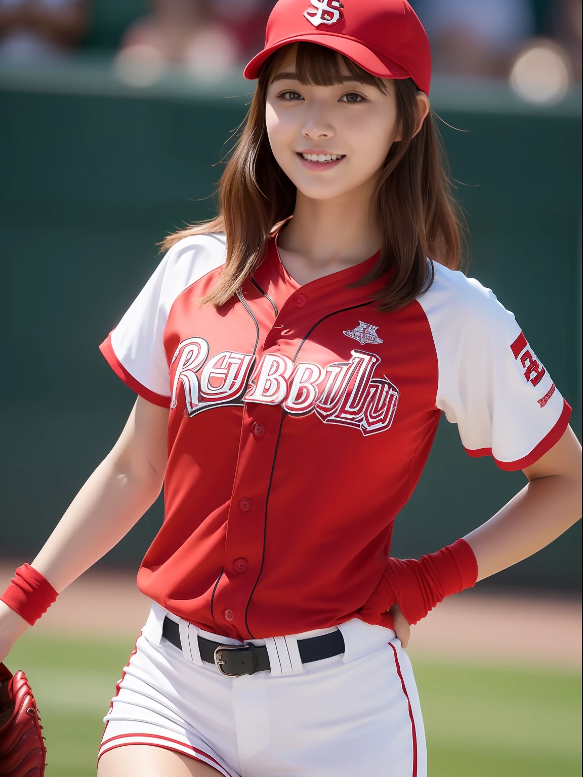 masuter piece, best qualtiy, ((realisitic)), ((1 person)), 8K picture quality, extremely delicate and beautiful, magnifica, Official art with attention to detail, Ridiculous, unbelievable Ridiculous, huge filesize, ultra-detailliert, ighly detailed, (Beautiful petite girl), (detailed girl), (Korean beauty), Brown hair, ((Perfect female figure)), large full breasts, Slim waist, big butts, (((Wearing a red softball uniform))), ((Wearing a short)), (White underwear), Overexposure, With bangs, Feminine look, ssmile, (Baseball Stadium)