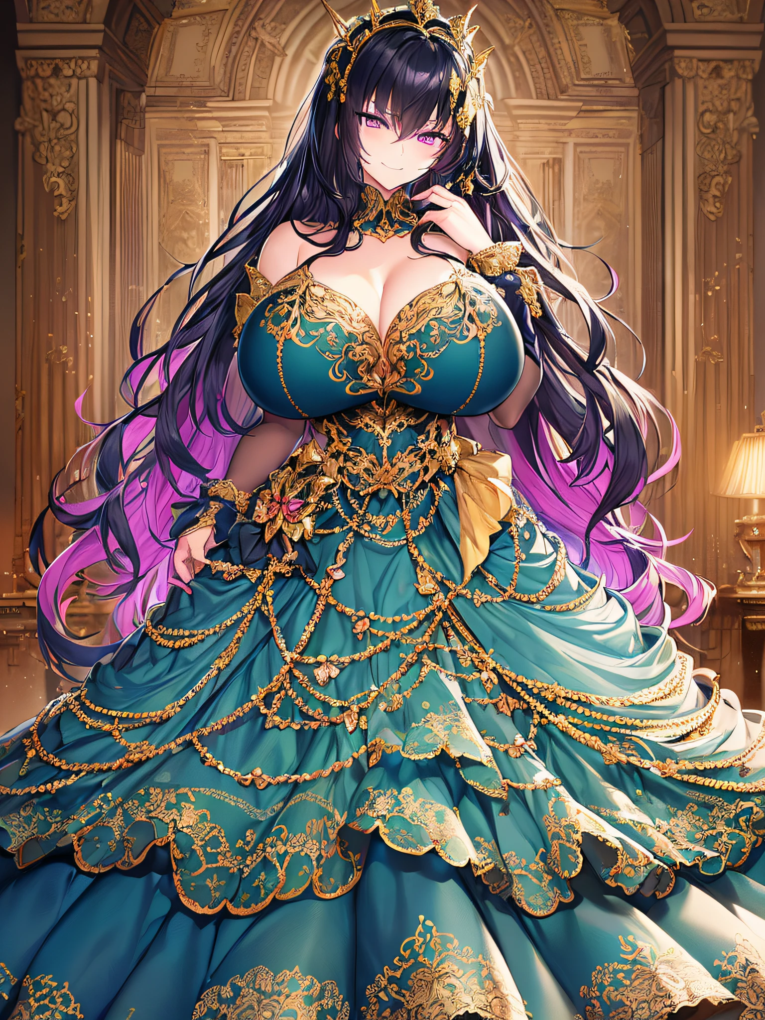 ((anime artstyle)),(Masterpiece),(Best Quality), (Super Detail),((Very Delicate and Beautiful)),((Solo)),((full body)),(((1 arrogant princess in gorgeous and brightly colored gorgeousfull rococo dress))),(Purple eyes),Sharp eyes,detailed face and eyes,jewel-like eyes,(arrogant),((smirk)),((voluminous Very Long Hair,Straight Hair)),black hair,((Bangs between eyes)),((gigantic tits,Long tits)),curvy,skindentation,(gorgeousfull embroidery and lace),gorgeous corsage,See-through,gorgeousfull hair ornament,gorgeousfull glitter jeweled tiara,ornate ruffles,((full body)),((hoop skirt,crinoline)),Dynamic Angle,Looking at viewer,(((gorgeous and brightly colored gorgeousfull rococo dress)),full body